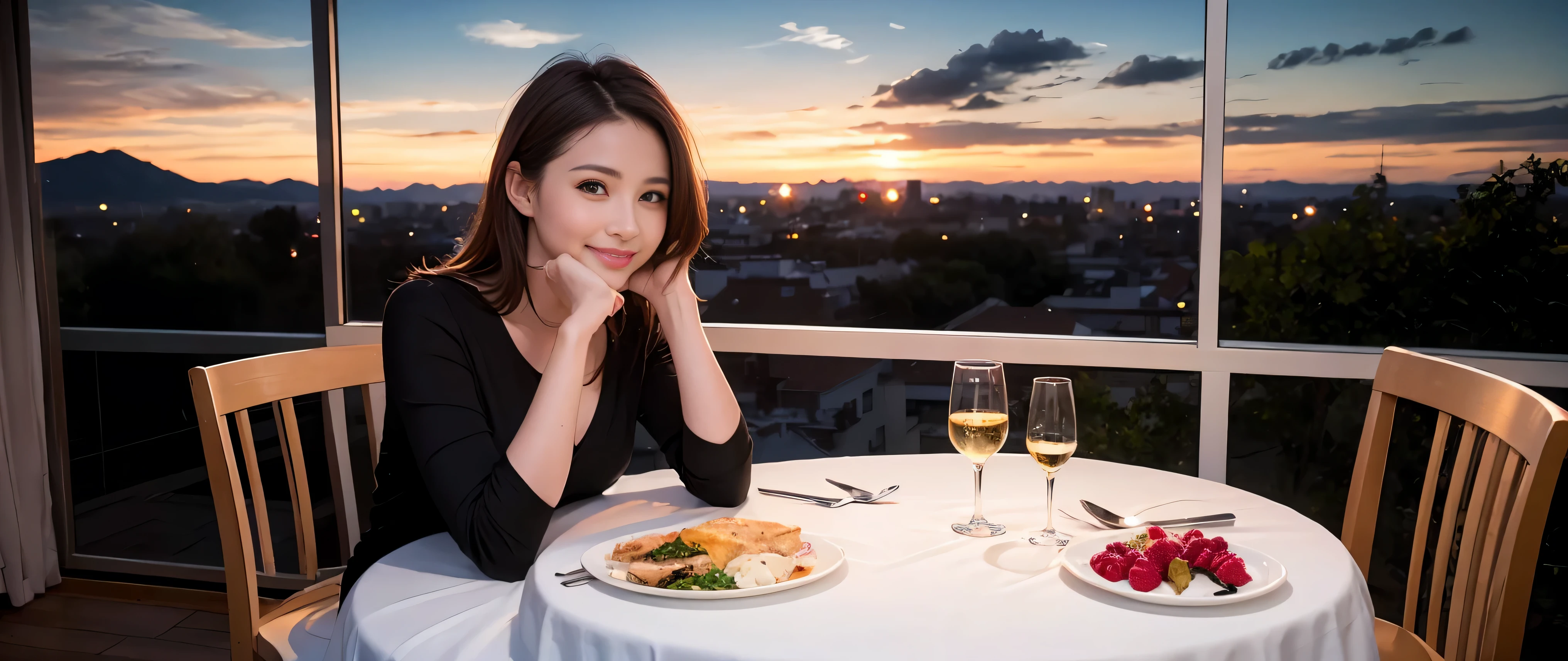 64k, Hmm, highest quality, masterpiece: 1.2), (realistic, photorealistic: 1.37), Spectacular view of the sunset sky and clouds、Amazing mountain views、slimな美女3名, (slimフェイス),Happy、 最高なsmile、Fox face、Berry Short、(because I'thin), (brown hair), (shortcut), long sleeve shirt、winter fashion、Colombian、Brazilian、Japanese、Dutch、German、Portuguese、Belgian、Italian、French,Champagne、sparkling wine、 (squirt), (slimボティ), (brown hair), (shortcut), neat beauty、cheeks turn a little red, (35 years old), 38 years old, alone, A beautiful and detailed night view spreads out outside the window....., restaurant, wine glassが座っている, At night, in a prominent place (from the Upper body) nova frog style, actress, model, Upper body, White wine, slim, wine glass, Very beautiful night view, wine glass Put in the Middle, Happy smile, (smile: 1.15),