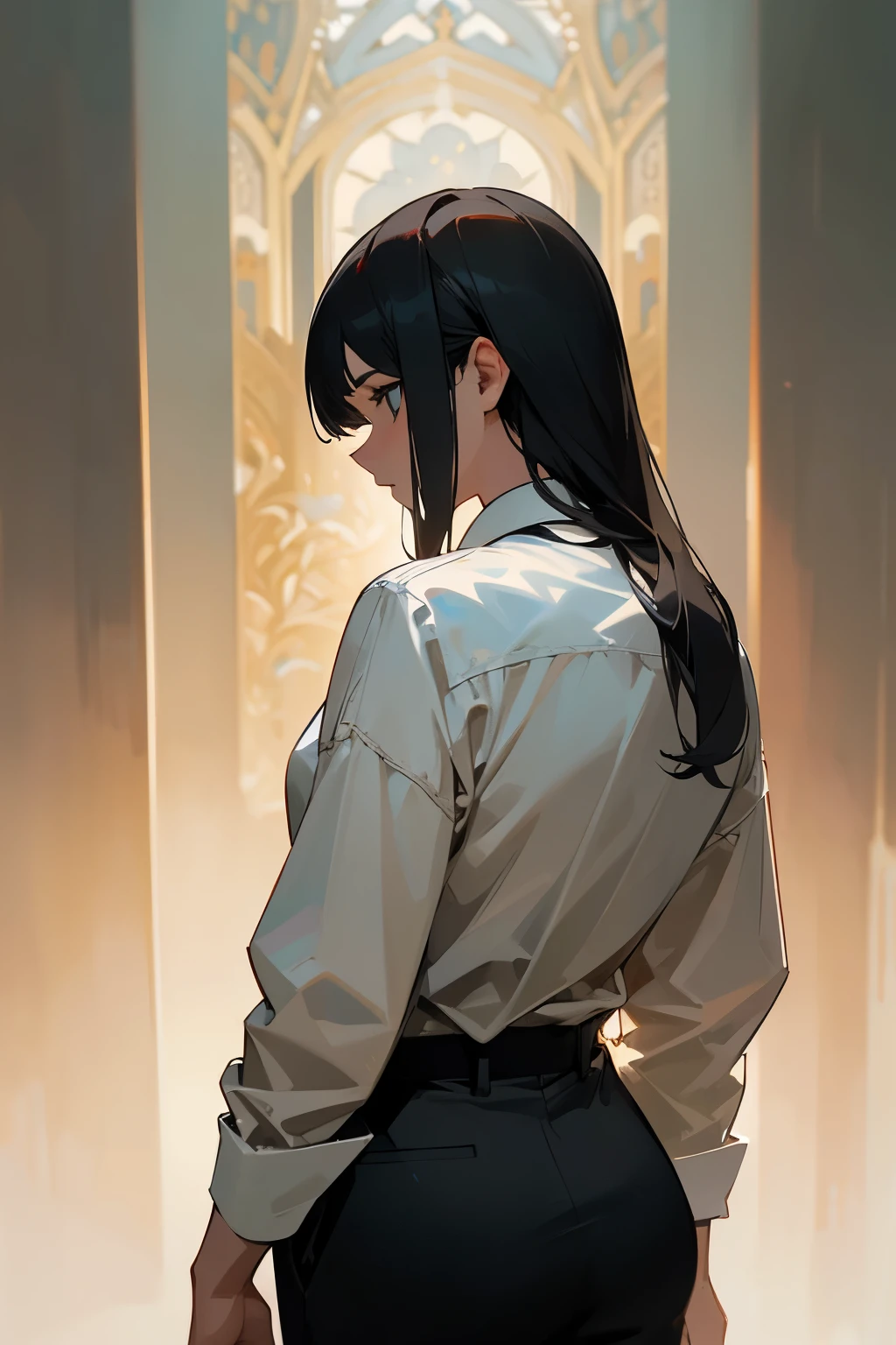 Masterpiece, Best quality, Very detailed, Beautiful portrait , Single, shirt, long_Sleeves, white_shirt, surrounded_shirt, pants, from_behind, arms_behind_behind, black_pants, Official, suit, arm_behind_behind, shirt_tucked_in, facing_remote, office_Mrs., business_suit, Waist height_pants, volumetric lighting, Best quality, Masterpiece, intricate details, tonemapping, Intense focus, Overly detailed, trending on Artstation,