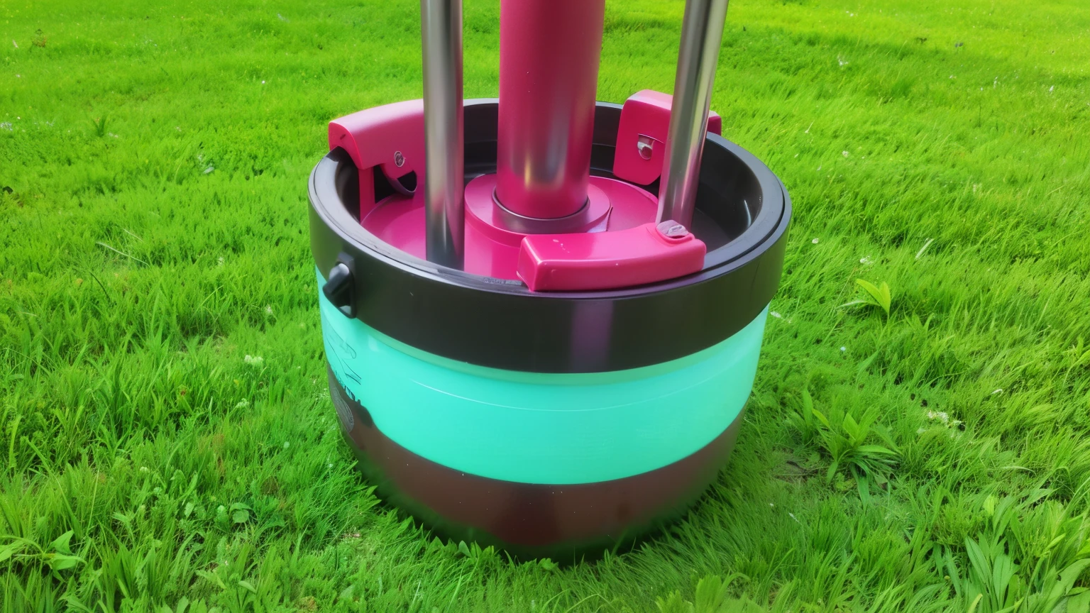 there is a golf bag with a pink and blue handle on the grass, color field painting. 8k, thick paint visible, multilayered paint, thick paint, colorful vivid octane render, rubber hose animation, made of liquid purple metal, colored accurately, vibrant cmyk dye overpainting, colorful octane render, realistic paint job, nitro paint, same design, 16k resolution, with expression, realistic image, hyper realistic image,