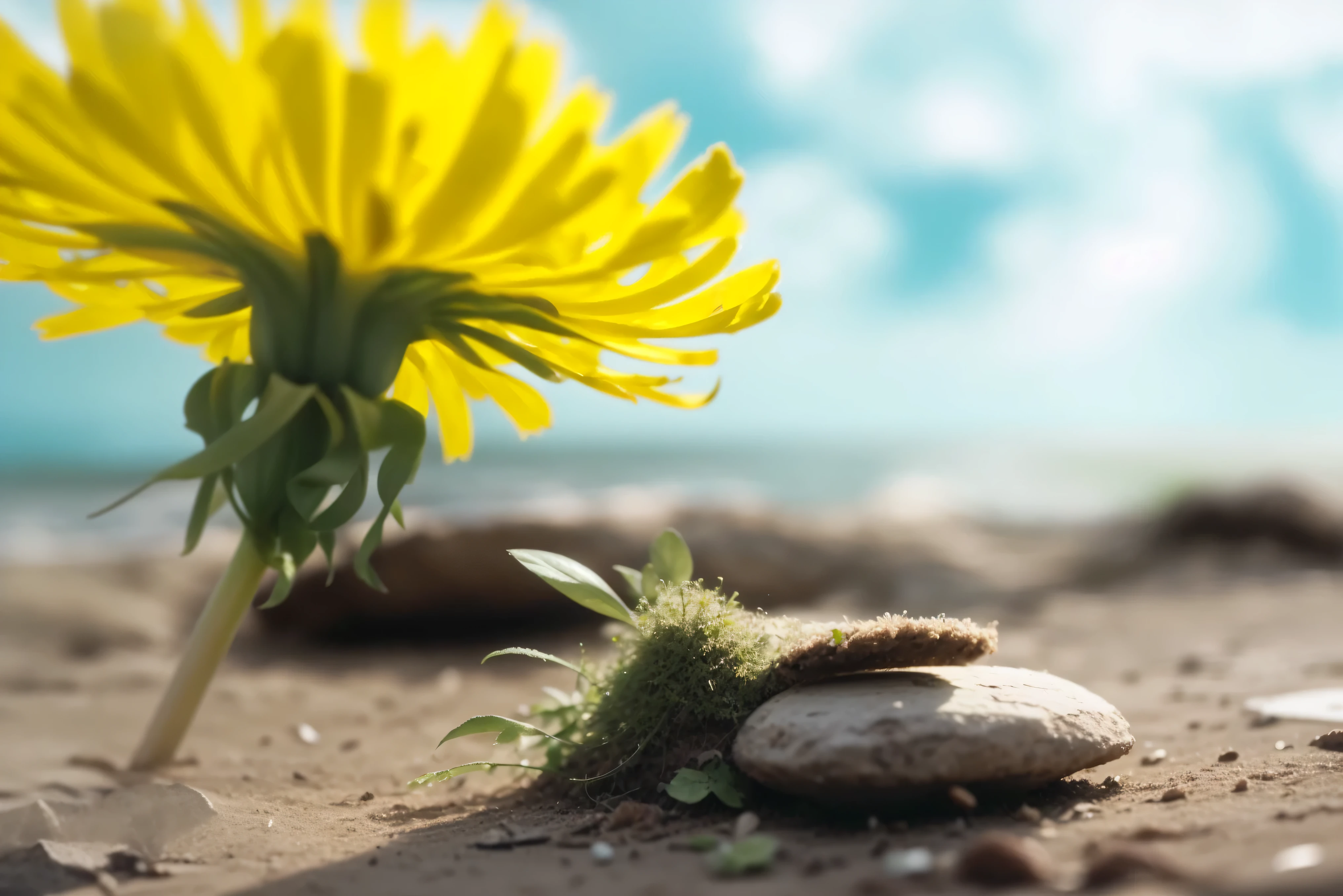 there is a yellow flower that is growing out of the sand, low angle 8k hd nature photo, beautiful composition, beauty shot, dandelion seeds float, dandelion, middle close up composition, video, abundant detail, video still, mixed art, very shallow depth of field, depicting a flower, fantastic composition, beautiful sunny day, high dof