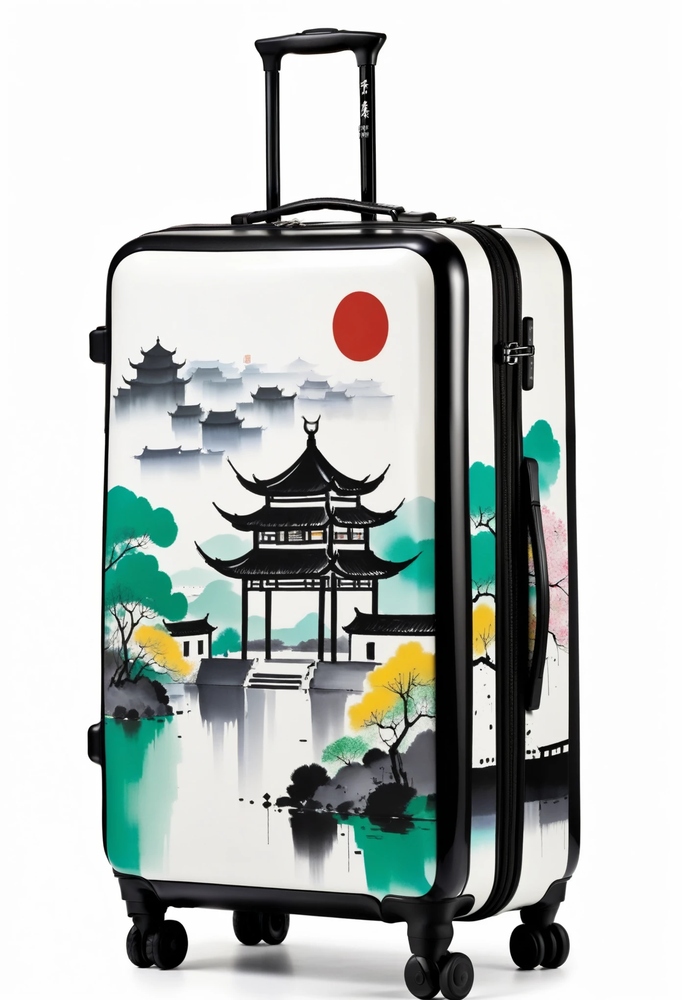 suitcases,printing:Geometric abstract ink,Describe the Jiangnan landscape architectural complex,Wu Guanzhong's style is an artistic expression that combines traditional Chinese ink painting techniques with Western painting concepts.. It features modern interpretations of traditional themes, Create unique visual effects through color and line.
