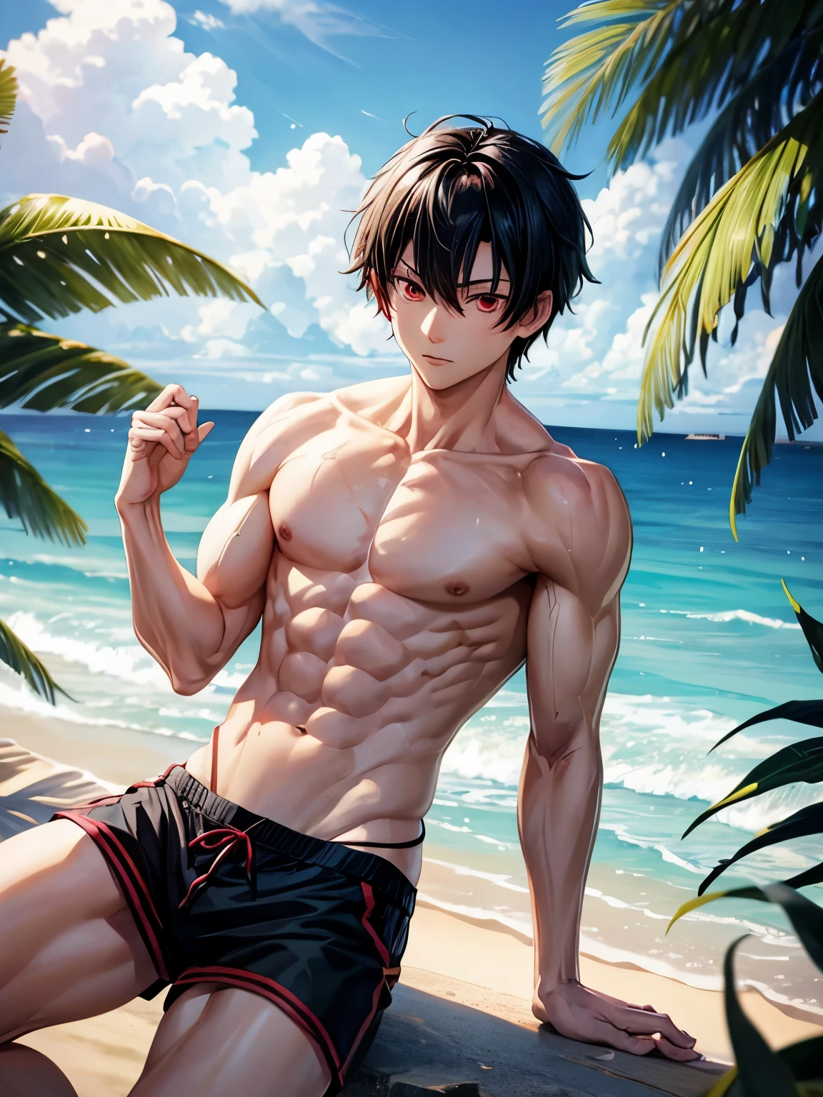 Anime guy about  on the beach without a shirt with a muscular body white skin black hair and red eyes With green hair 