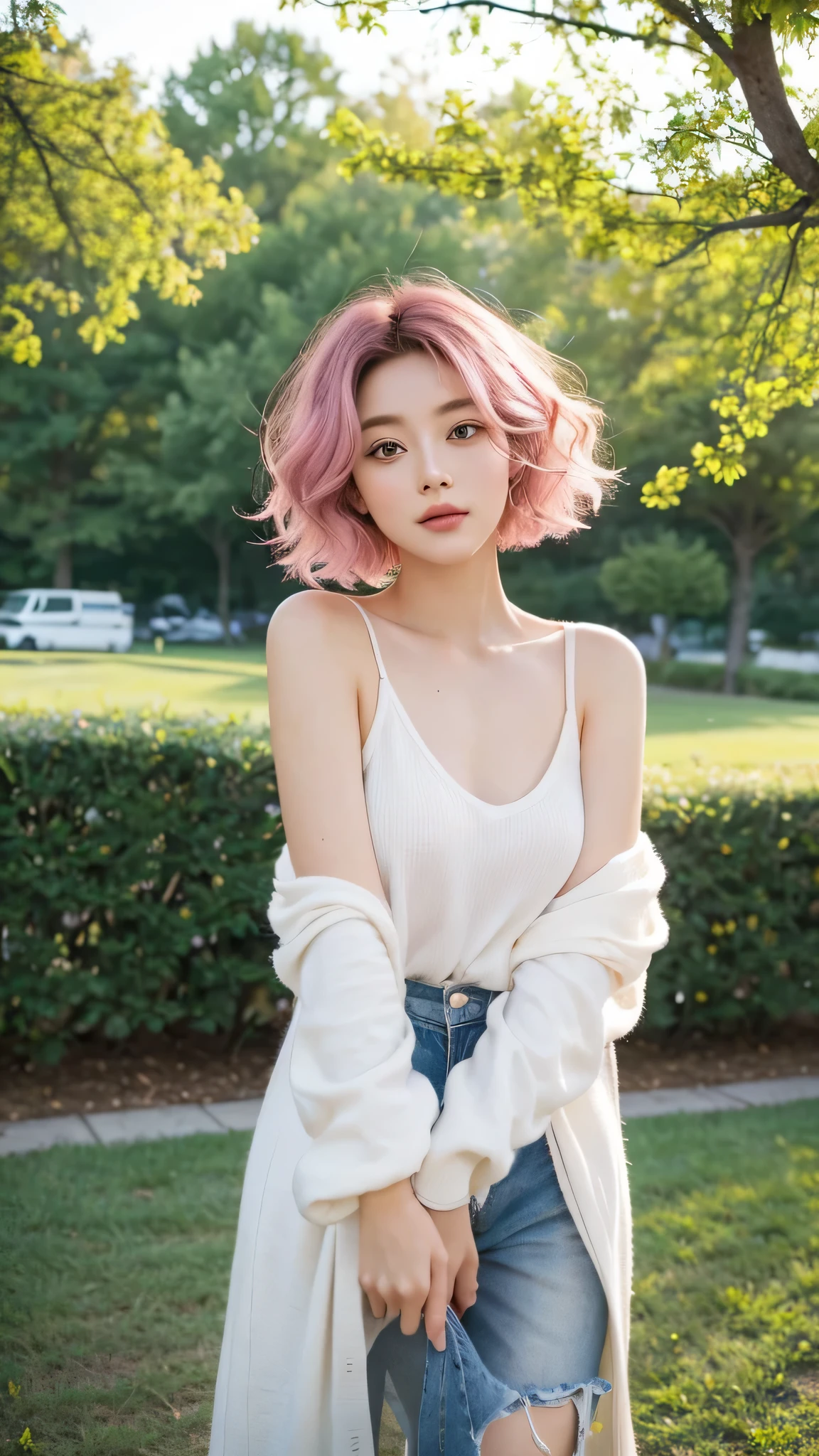 In spring park environment, Ideal for casual camping trips, Woman's hair becomes the center of attention. Her short hair is dyed a vibrant pink, Reflect the playfulness and vitality of spring. The ends of her hair are gently curled, Add a sophisticated and whimsical feel to her hairstyle. these curls, Combined with a subtle fade on the tip, Known as the "Mint Mambo",Create stunning gradient effects,Both fashionable and eye-catching. This unique hair color and hairstyle, Fresh and lively hues reminiscent of spring, Make her stand out against the natural background of the park. as she enjoys her camping experience, Her hair reflects the energy and freshness of the season, Seamlessly integrates with the outdoor environment,Add a touch of glamor to casual outdoor activities.