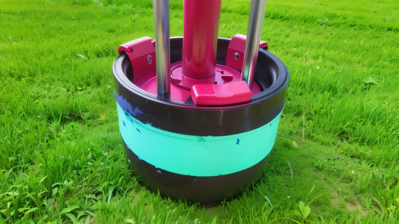 there is a golf bag with a pink and blue handle on the grass, color field painting. 8k, thick paint visible, multilayered paint, thick paint, colorful vivid octane render, rubber hose animation, made of liquid purple metal, colored accurately, vibrant cmyk dye overpainting, colorful octane render, realistic paint job, nitro paint, same design, 16k resolution, with expression, realistic image, hyper realistic image,
