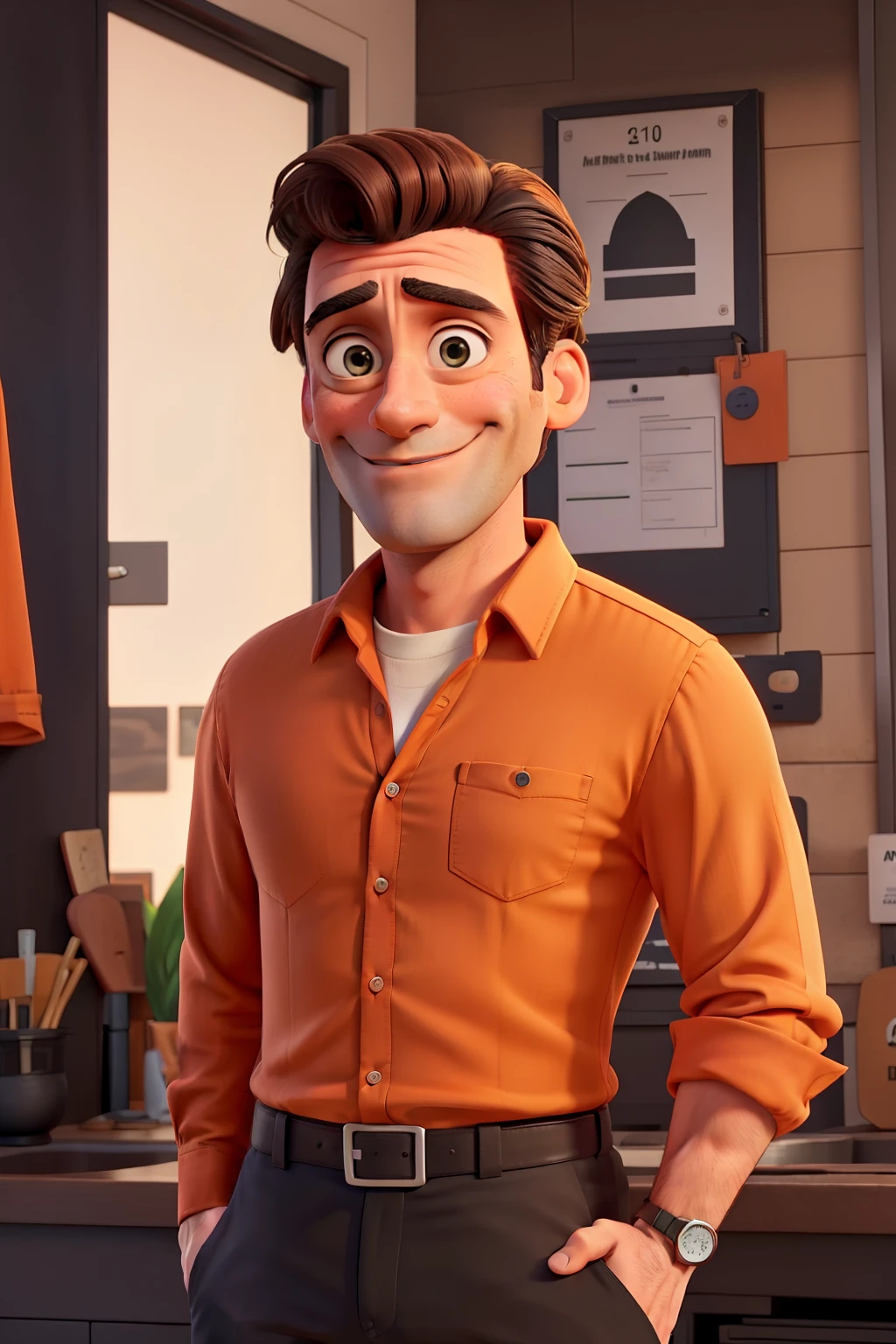 Jon Hamm dressed in an orange shirt and black pants, sorrindo e apontando para o lado com o dedo indicador