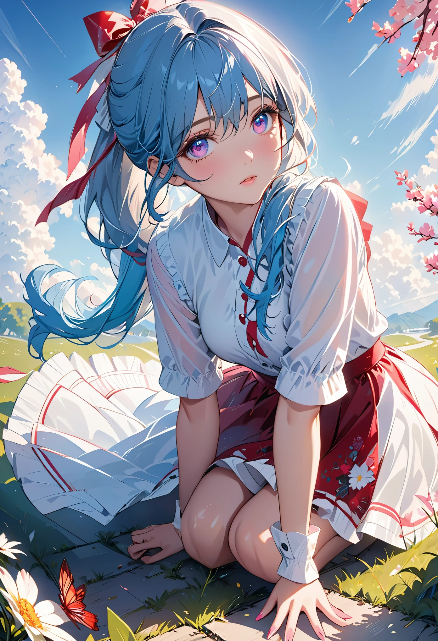 (detailed beautiful eyes and detailed face, masterpiece side light, masterpiece, best quality, detailed, High resolution illustration), (1 girl, beautiful girl, skin shiny), (sky blue hair, pink eyes, skirt, ribbon, button shirt)(Kneeling on the ground)