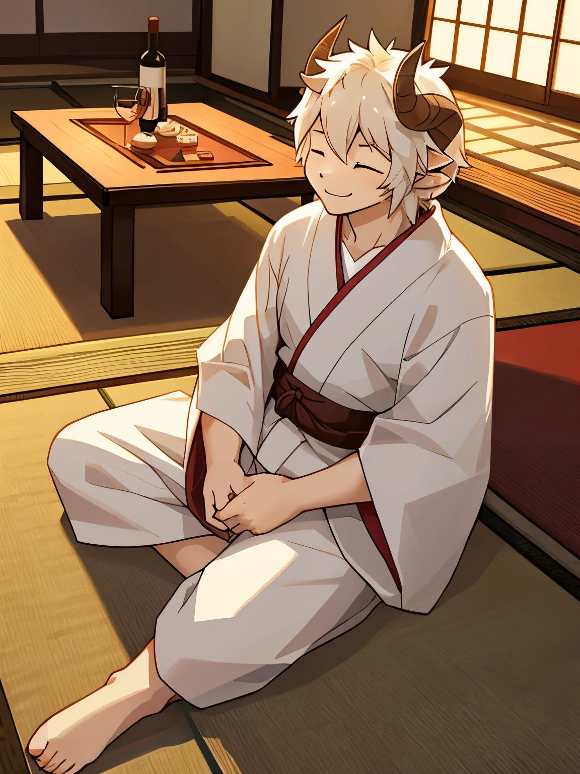 Horned sheep，white kimono，eyes closed，Smile，look at us，sit on the floor，Japanese style room，male，juvenile，alone，There is a table on the floor，There are dice on it，Next to it is wine