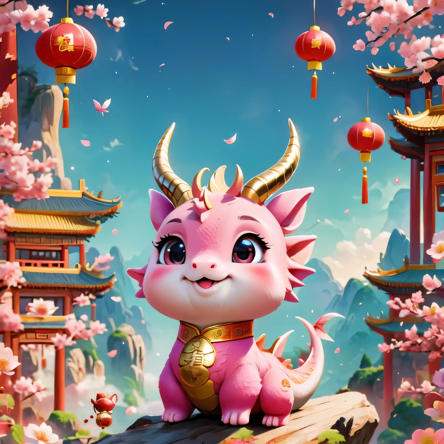 (masterpiece, highest quality:1.2), Q version, cute little dragon, Chinese style, pink space, festival atmosphere, spring festival, cute dragon horn, chinese elements, comics, Cute Pets, lively.