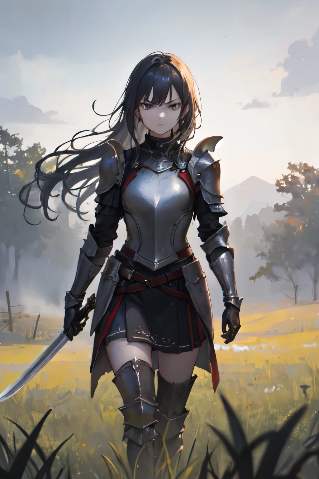 ((best quality)), ((masterpiece)), (detailed), perfect face, strong emotion, 1girl wielding a sword outward and down to her side, she is intimidating, mysterious, dangerous moment, almost emotionless face, subtly angry, warrior girl, livid, light armor, intense, intense scene, fearful, incoming danger, walking slowly towards the viewer, grassy battlefield scene, dark, girl is rather far from the viewer, walking strongly and stiffly, faint redness in the background, at night, (intimating livid warrior girl almost alone on the dark grassy battlefield in the distance walking towards you with her sword out and at the ready and going to kill you…)