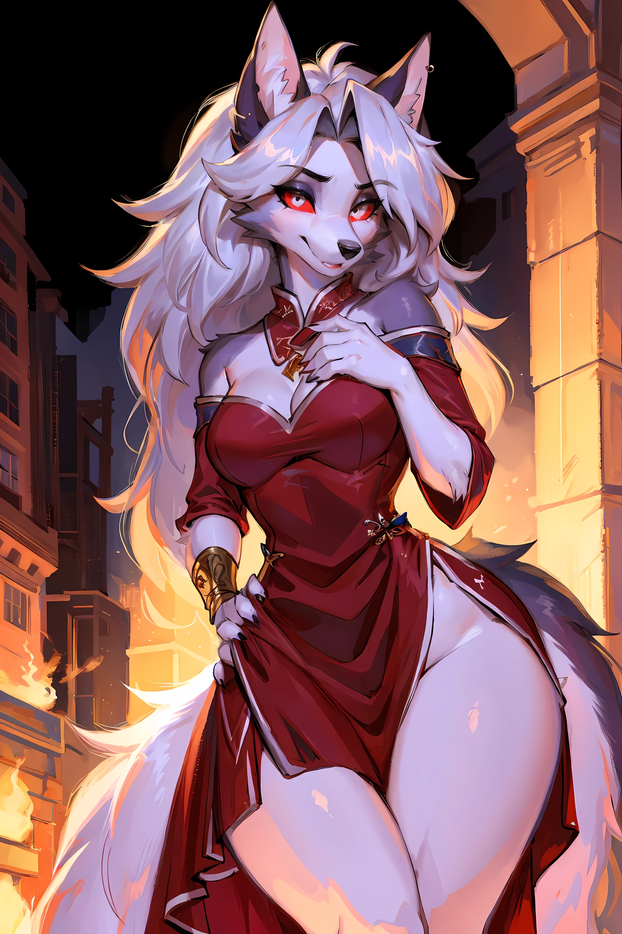 best quality,amazing,masterpiece,beautifully,super detailed,ultra high resolution,intricate details,Beautiful and detailed,detailed,8k resolution,(edge lighting),sharp focus,high contrast,red eyes,hairy,wolf girl,furry wolf girl, red clothes,cheongsam,flowing gauze, jewelry, Reasonable structure,Thick thighs,Luna,delicate eyes