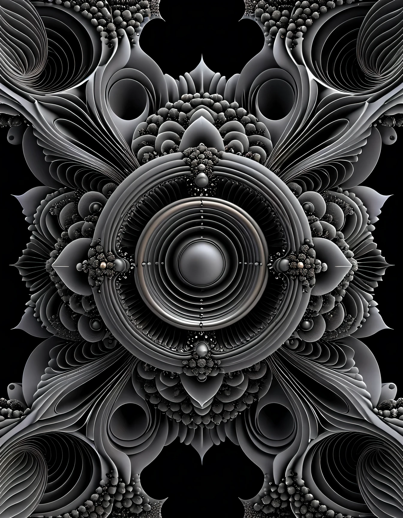 fractal pattern, Symmetry, intricate detailed, epic,  8k, ultra detailed, visual spectral radio wave signals emission fused with organic form structure, subsonic spectrum, gray clay cluster, Fibonacci fractal, geometric design,