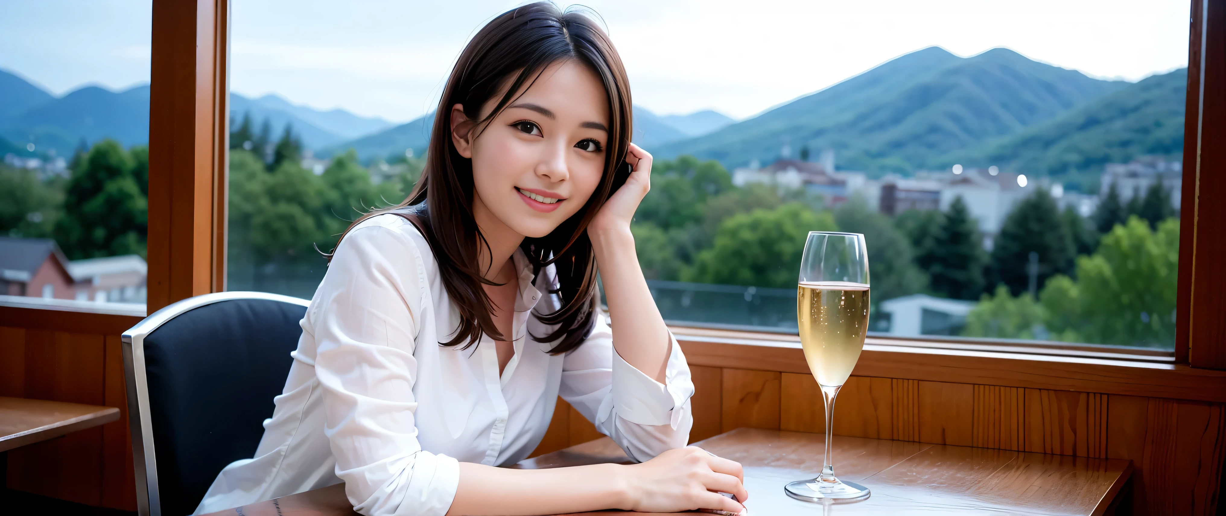 64k, Hmm, highest quality, masterpiece: 1.2), (realistic, photorealistic: 1.37), Spectacular view of the sunset sky and clouds、Amazing mountain views、slimな美女3名, (slimフェイス),Happy、 最高なsmile、Fox face、Berry Short、(because I'thin), (brown hair), (shortcut), long sleeve shirt、winter fashion、Colombian、Brazilian、Japanese、Dutch、German、Portuguese、Belgian、Italian、French,Champagne、sparkling wine、 (squirt), (slimボティ), (brown hair), (shortcut), neat beauty、cheeks turn a little red, (35 years old), 38 years old, alone, A beautiful and detailed night view spreads out outside the window....., restaurant, wine glassが座っている, At night, in a prominent place (from the Upper body) nova frog style, actress, model, Upper body, White wine, slim, wine glass, Very beautiful night view, wine glass Put in the Middle, Happy smile, (smile: 1.15),