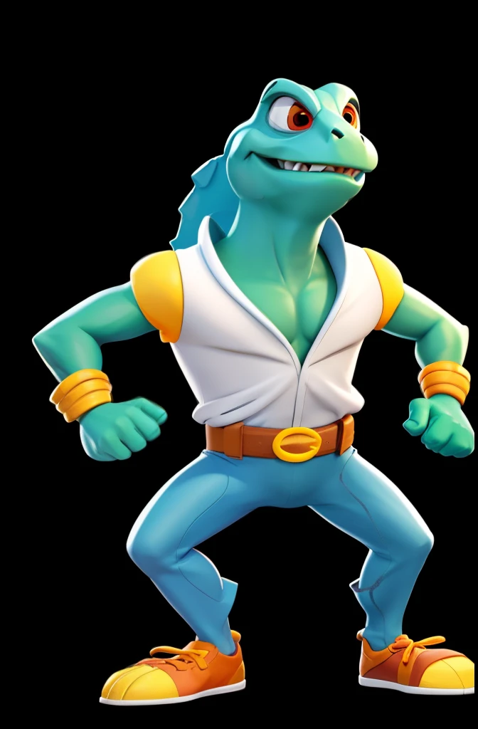 The lizard man was dressed，Keep your clothes on，Sportswear，Disney Pixar style character, full body, full body, white background,White background， Q version, 2d, cute