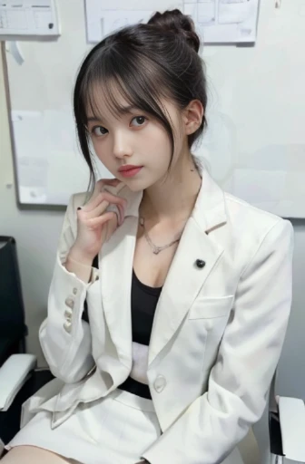 best quality, detailed, beautiful, insanely detailed, absurdres,perfect anatomy,
Japanese woman,black hair,27 years old,
(slender),
(small breasts),
(sleepy), sitting, hair bun, (white business suit, white skirt:1.3), piercing, in the office, with a chair, closeup shot, front view