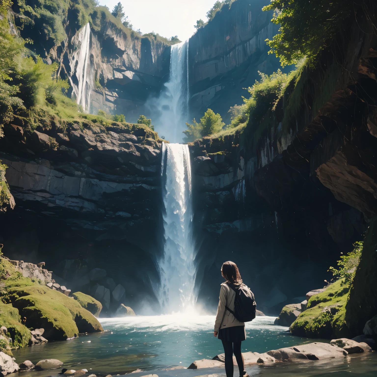 A girl infront of waterfall