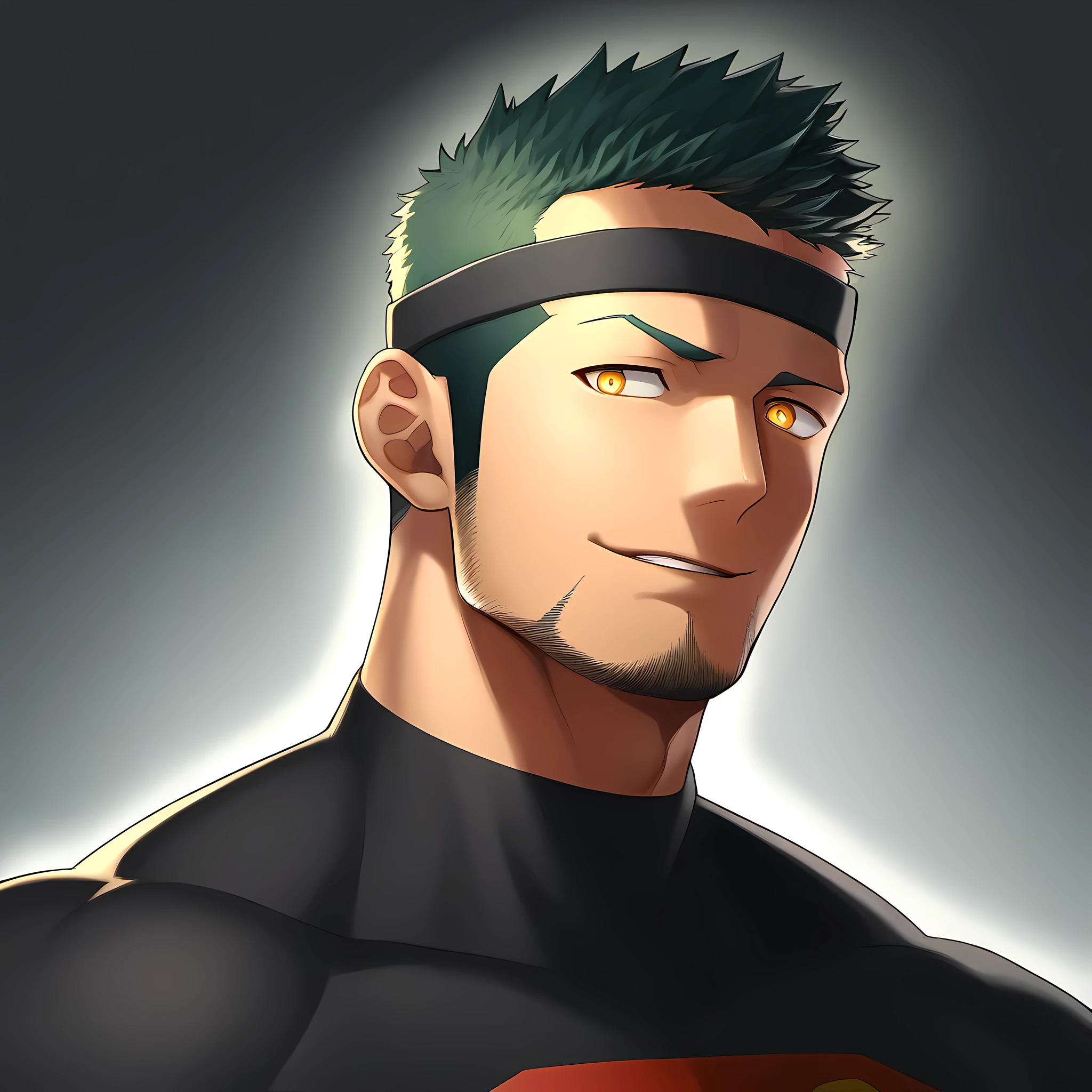 anime characters:Guy, Priapus, 1 young muscular man, male focus, Sporty black headband, turtleneck superman tight t-shirt, superman logo, muscular male, muscular, only, Upper body, alone, white short hair, stubble, yellow eyes, blink, black background, simple background, amazing quality, best aesthetics, Ridiculous, bright pupils, short hair, naughty face, torogao, open lips, best quality