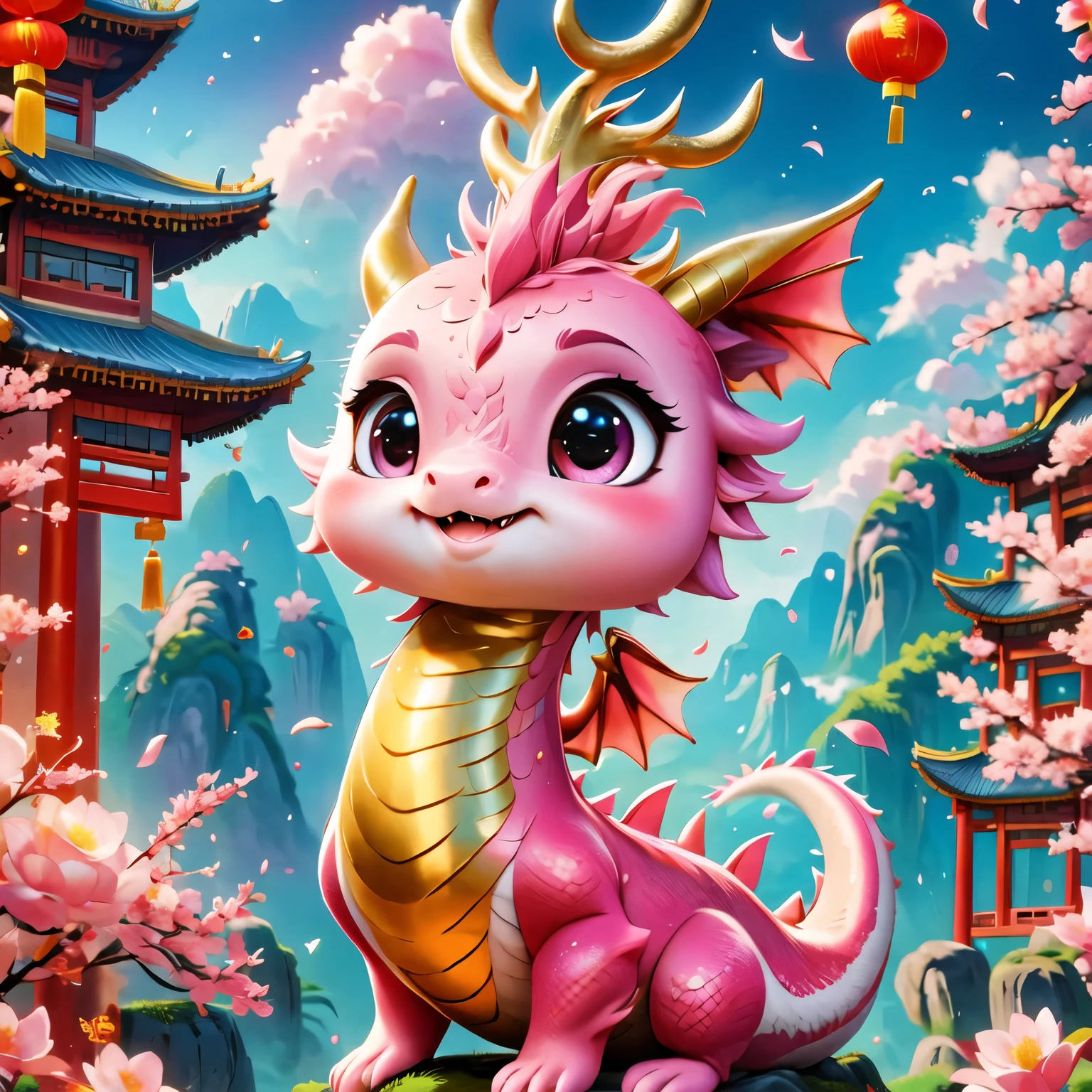 (masterpiece, highest quality:1.2), Q version, cute little dragon, Chinese style, pink space, festival atmosphere, spring festival, cute dragon horn, chinese elements, comics, Cute Pets, lively.