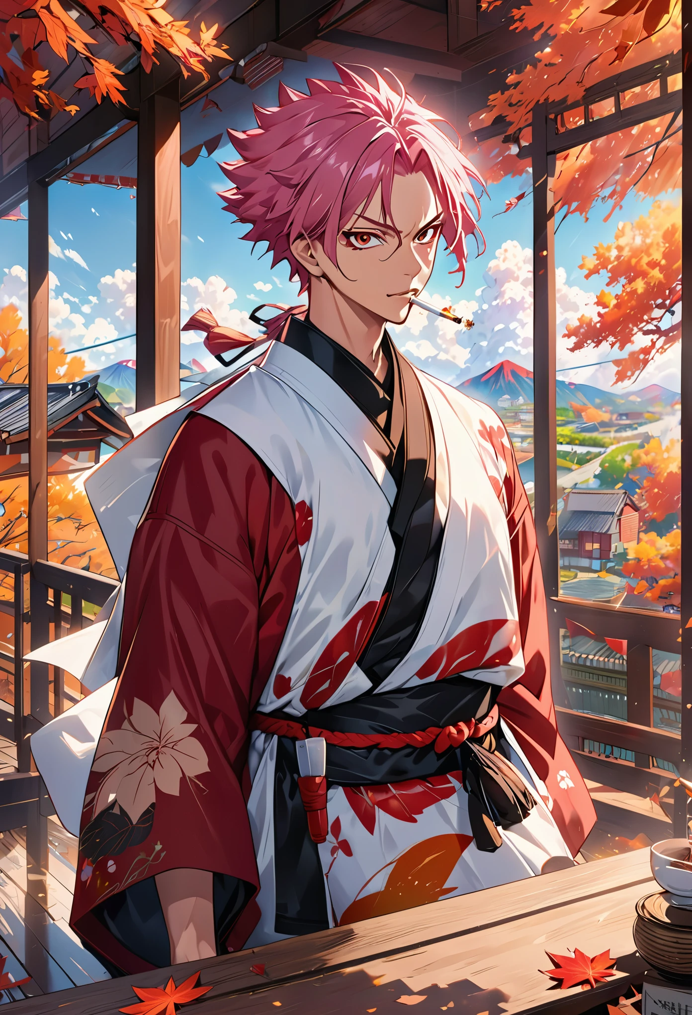 Sukuna from the anime Jujutsu Express, masterpiece, Super detailed, best quality, ]Anime character with pink hair and black jacket holding cigarette, Joker looks like Naruto, , new house autumn, Jujutsu Kaisen, , Xiaoming, Kurosaki Ichigo, Oharayu, Katsushika, 8k!, through new arts, 8k!!