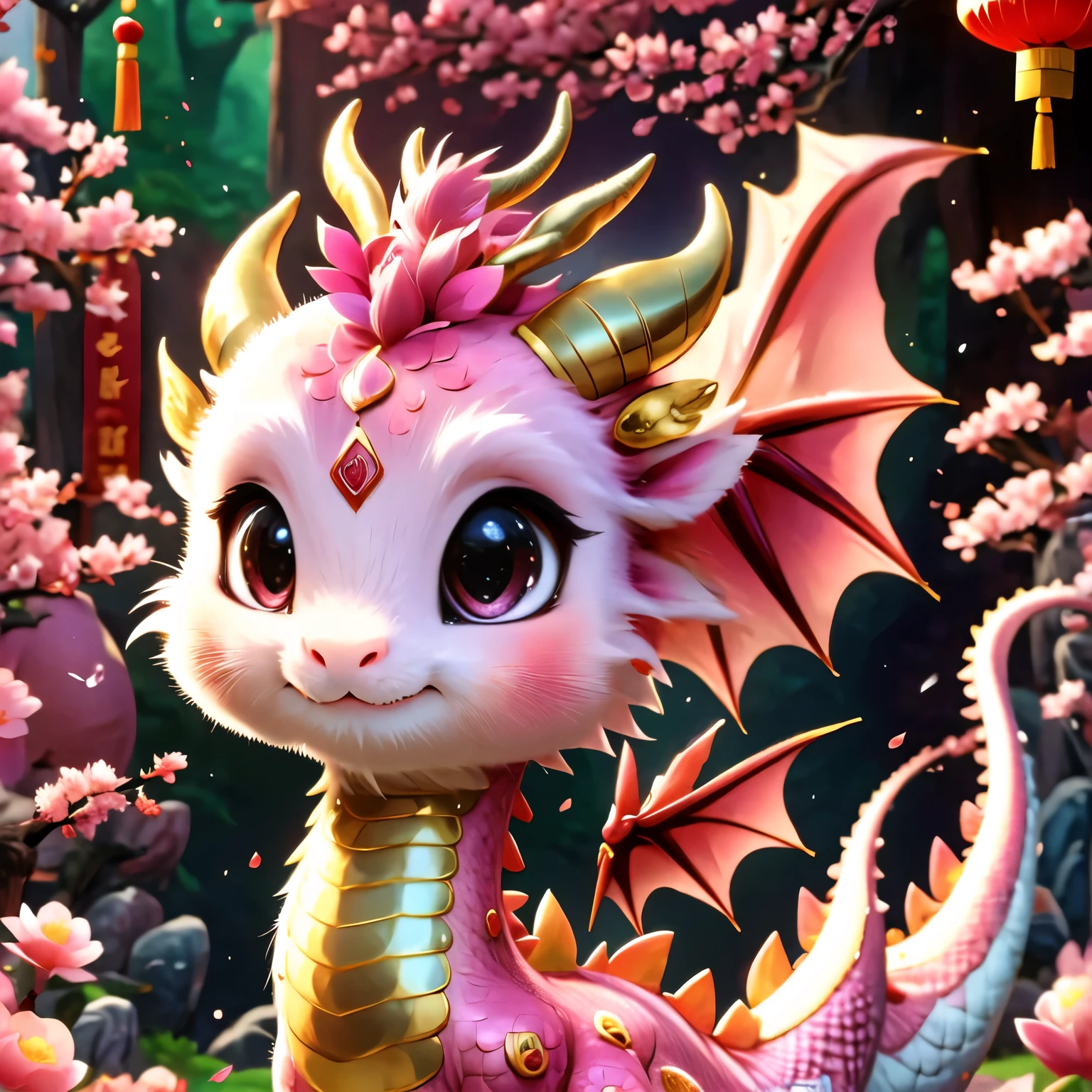 (masterpiece, highest quality:1.2), Q version, cute little dragon, Chinese style, pink space, festival atmosphere, spring festival, cute dragon horn, chinese elements, comics, Cute Pets, lively.