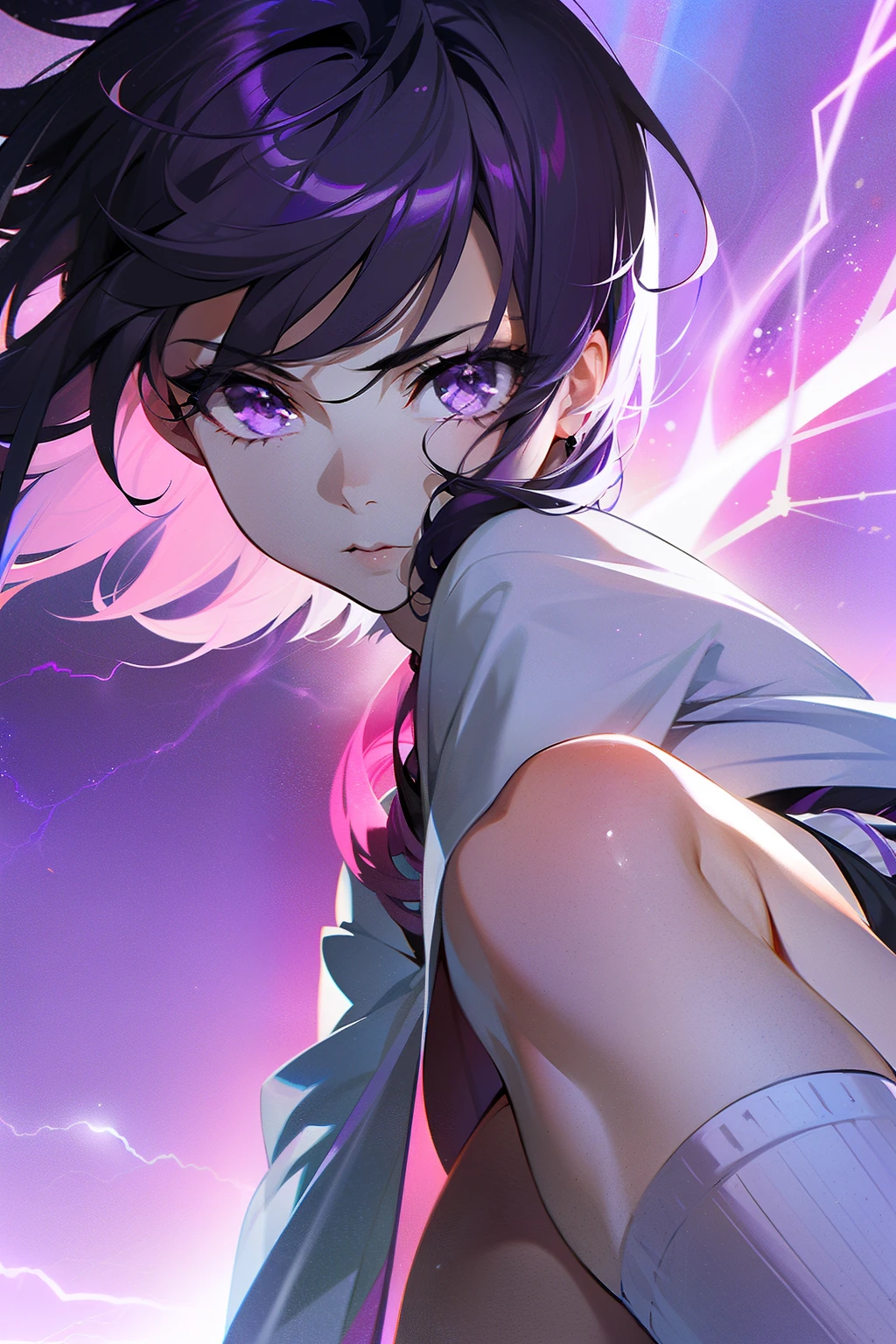 1girl, short black messy hair, purple hair highlights, purple eyes, short kimono, white socks, gets sandals, lightning, spear in hand, cherry blossoms, purple background, lighting in the background, slightly tan skin, long sleeves, kimono, looking at viewer, detailed face, long lashes 