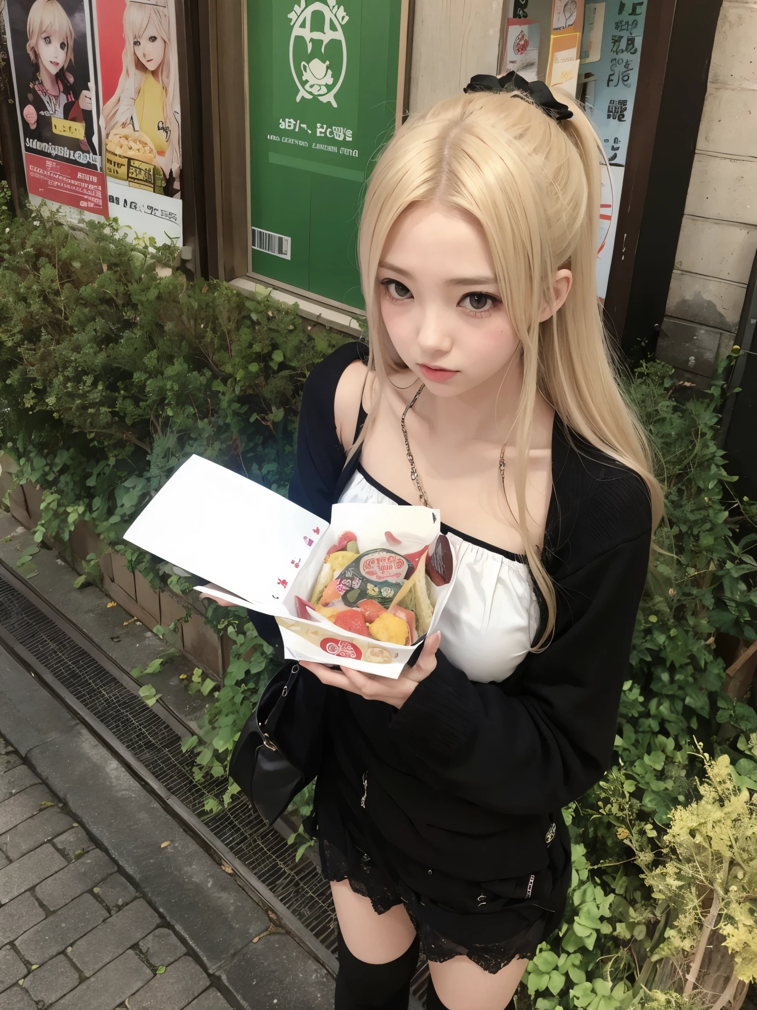 chica rubia con pelo largo sosteniendo una caja de comida en una acera, chica anime en la vida real, shikami, bella delfina, ulzzang, yami kawaii, japanese gyaru portrait, sakimichan, guweiz, mukbang, frente a la tienda de ramen, with kitsune mask, junko enoshima, misa amane *