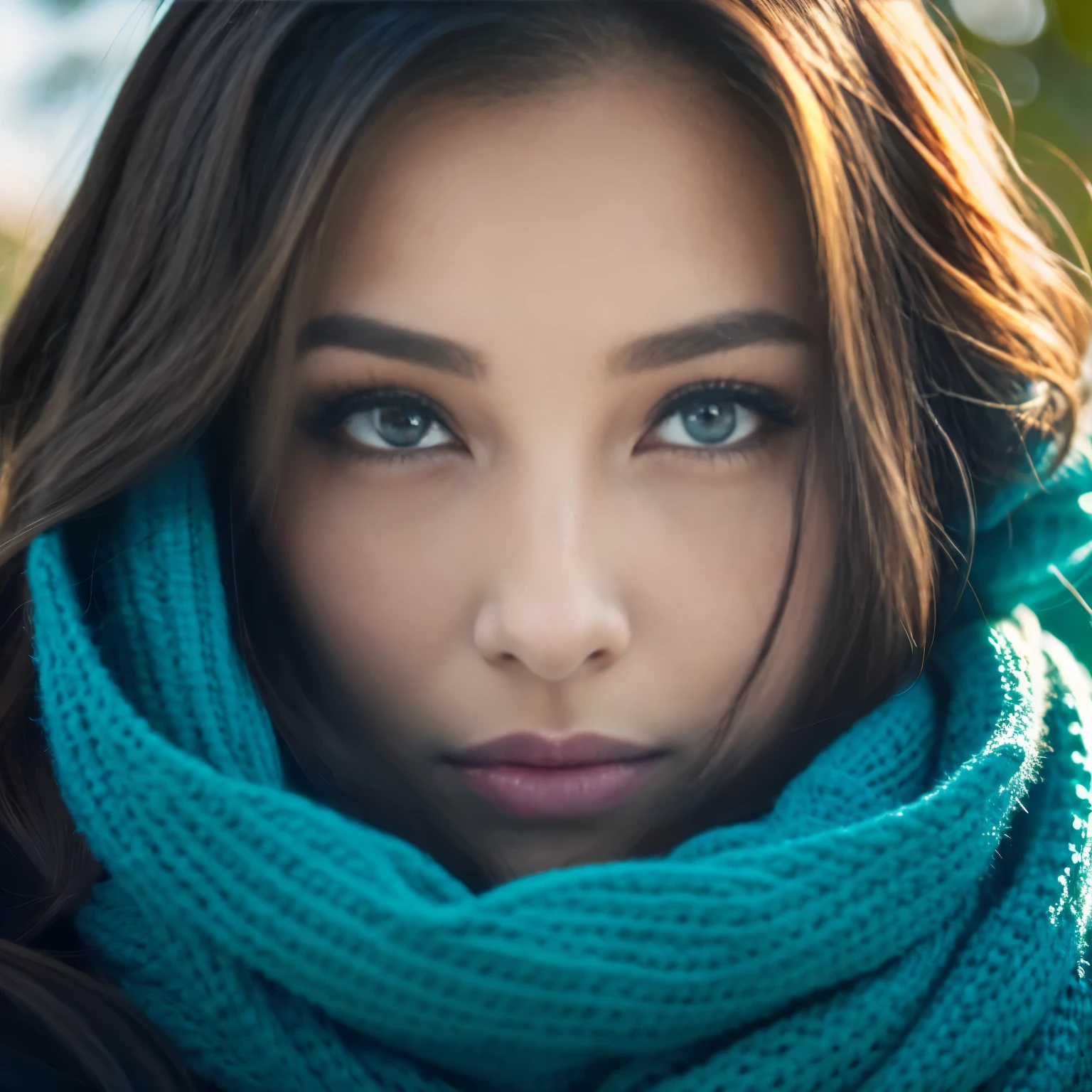 Close-up of a young woman's face partially obscured by a dark teal scarf, highlighting her striking blue eyes, long eyelashes, and well-defined eyebrows. The focus is sharp on her eyes with a soft bokeh background that creates a shallow depth of field. Her brunette hair frames her face, and the image has a cool color tone with a natural light setting. The composition is centered, creating an intimate and engaging portrait with a sense of mystery.