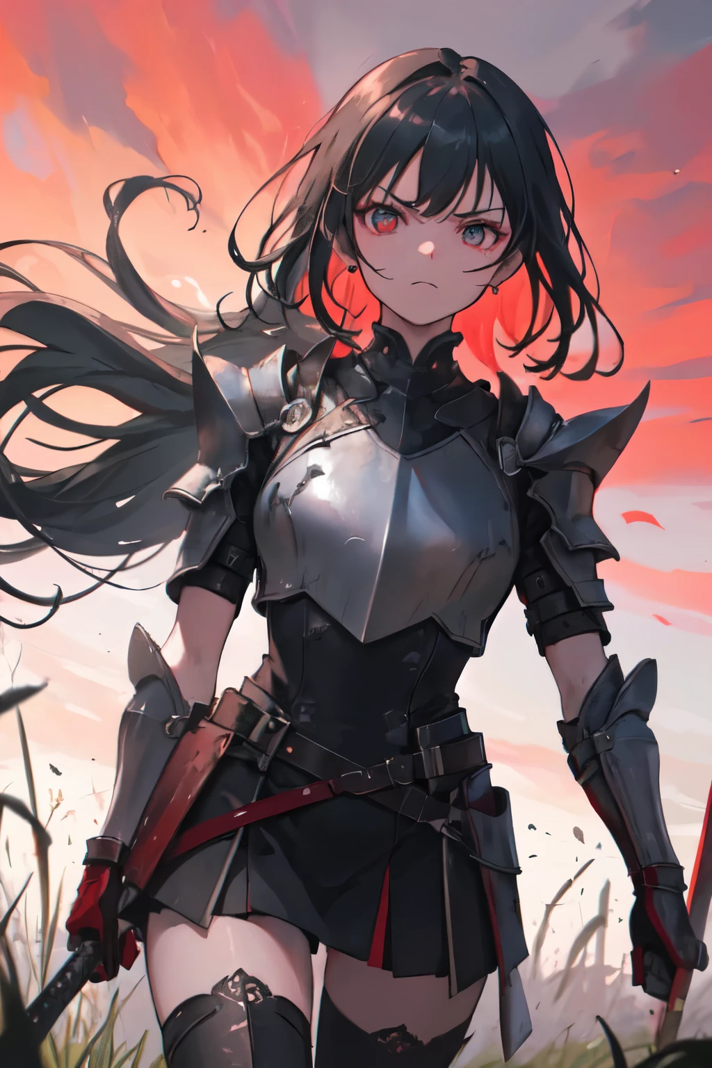 ((best quality)), ((masterpiece)), (detailed), perfect face, strong emotion, 1girl wielding a sword outward and down to her side, she is intimidating, mysterious, dangerous moment, almost emotionless face, subtly angry, warrior girl, livid, light armor, intense, intense scene, fearful, incoming danger, walking slowly towards the viewer, grassy battlefield scene, dark, girl is rather far from the viewer, walking strongly and stiffly, faint redness in the background, redish sky, at night, (intimating livid warrior girl almost alone on the dark grassy battlefield in the distance walking towards you with her sword out and at the ready and going to kill you…) (strong) (focus on her and the red sky)