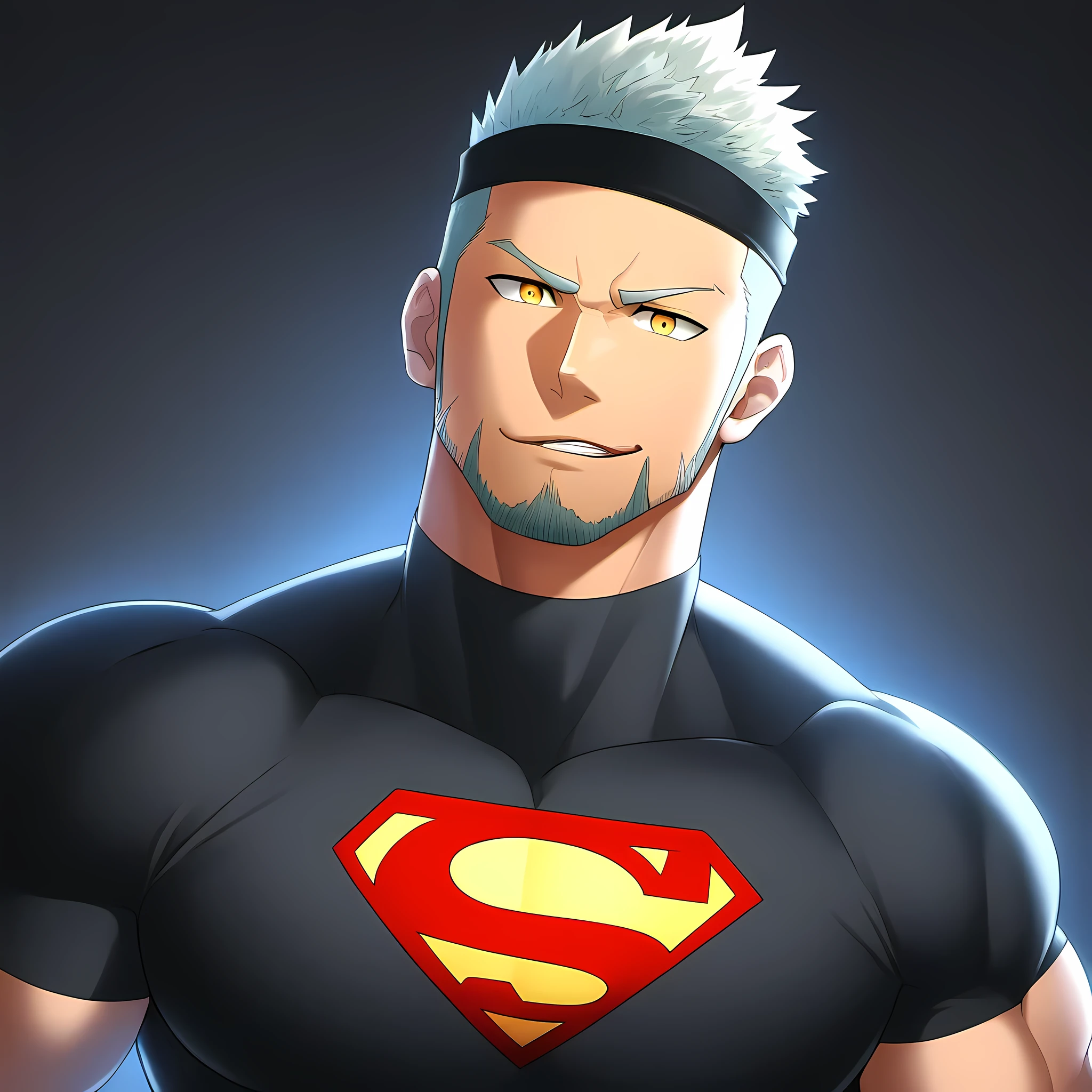 anime characters：Guy, Priapus, 1个年轻的muscular man, male focus, Sporty black headband, Black Turtleneck Superman Tight T-Shirt, superman logo, muscular man, extra large breasts, only, Upper body, alone, white short hair, stubble, yellow eyes, blink, black background, simple background, amazing quality, best aesthetics, Ridiculous, bright pupils, short hair, naughty face, torogao, open lips, best quality