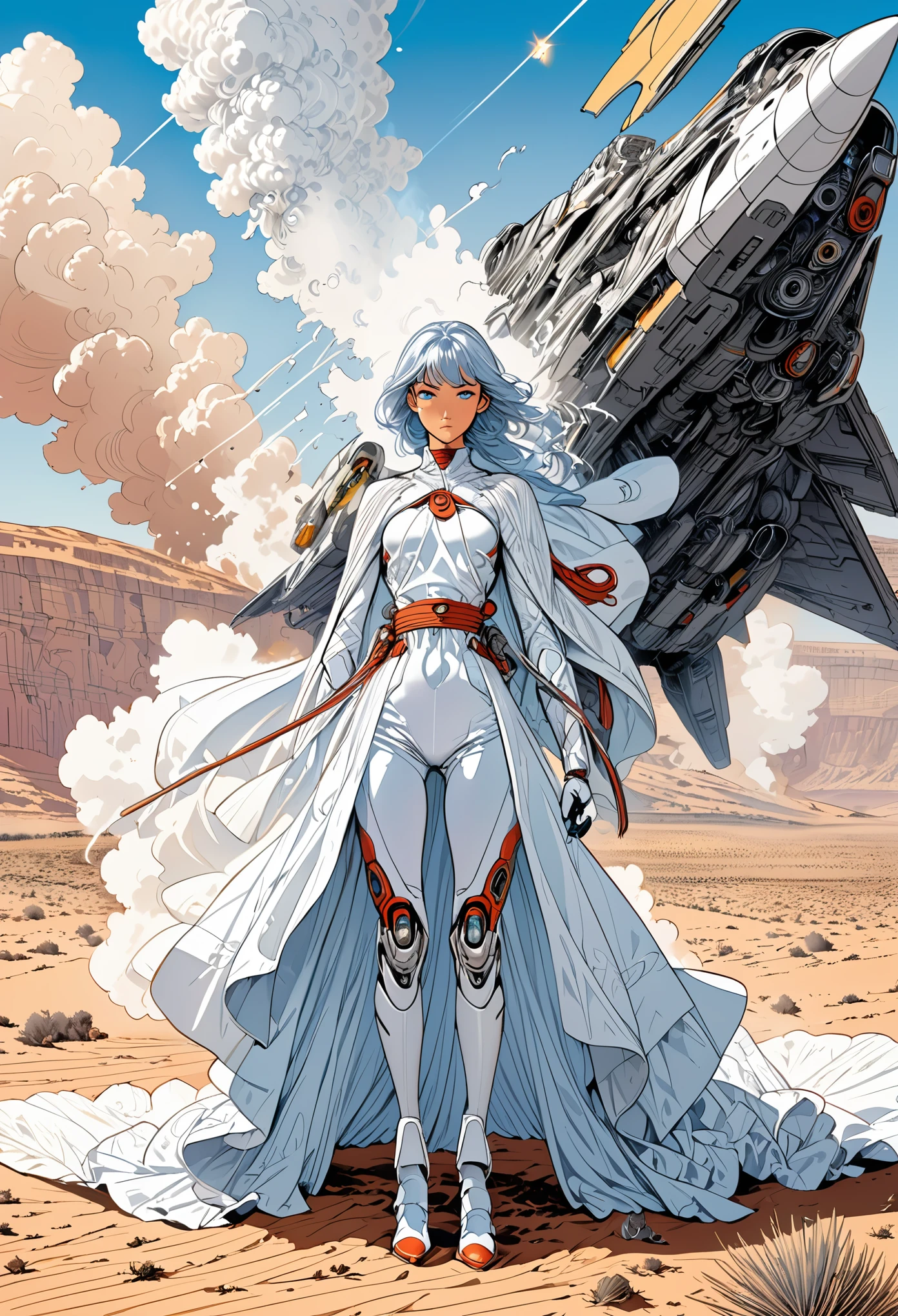 Jean Giraud ((Moebius style)), full body Portrait of a female cyborg in a dramatic pose, background Desert with a ((crashed spaceship)) emitting smoke, perfect detailed eyes, athletic body, intricate facial details, highly detailed, line ink illustration,highly detailed, ink sketch,ink Draw,Comic Book-Style 2d,2d, pastel colors
