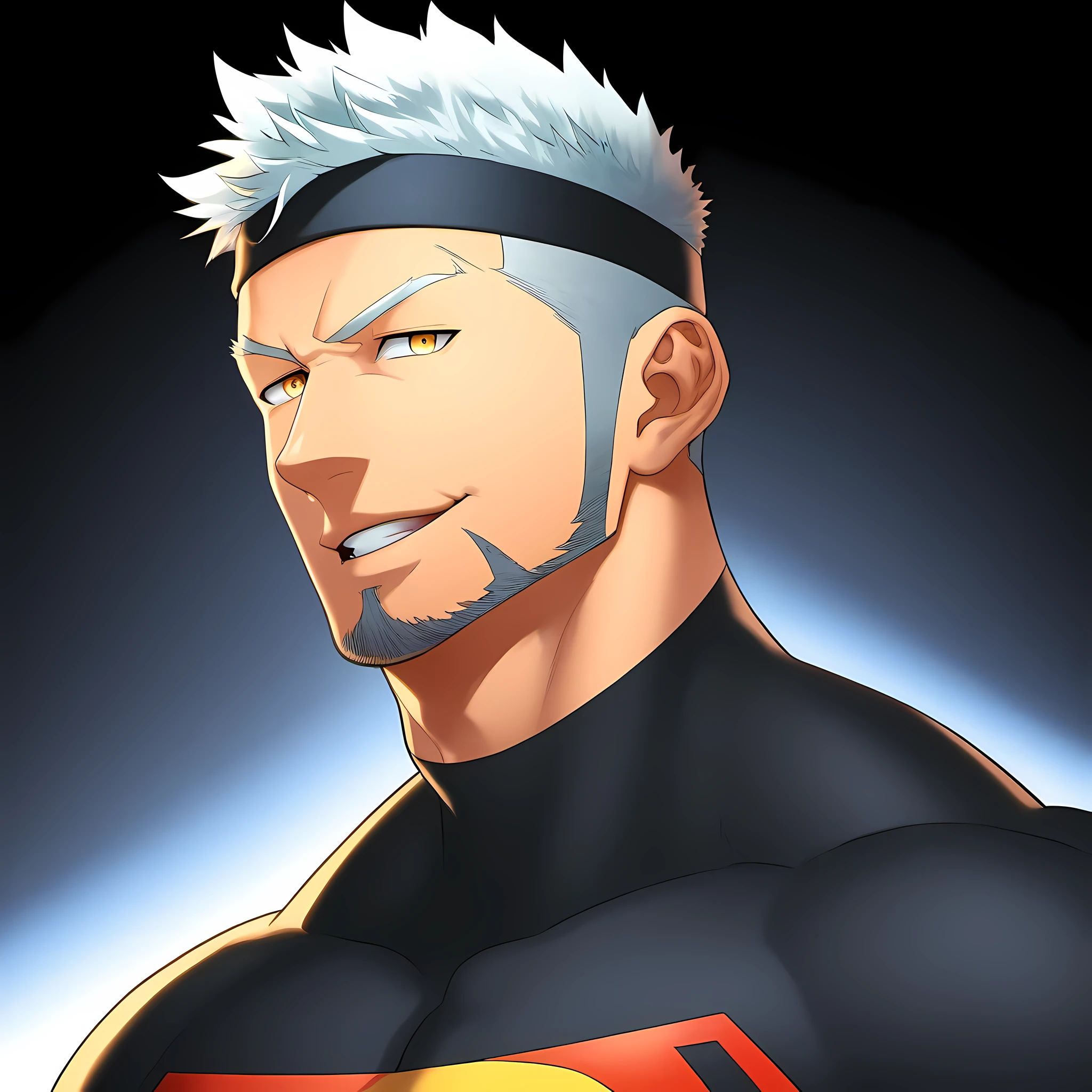 anime characters:Guy, Priapus, 1个年轻的muscular man, male focus, Sporty black headband, Black Turtleneck Superman Tight T-Shirt, superman logo, muscular man, extra large breasts, only, Upper body, alone, white short hair, stubble, yellow eyes, blink, black background, simple background, amazing quality, best aesthetics, Ridiculous, bright pupils, short hair, naughty face, torogao, open lips, best quality