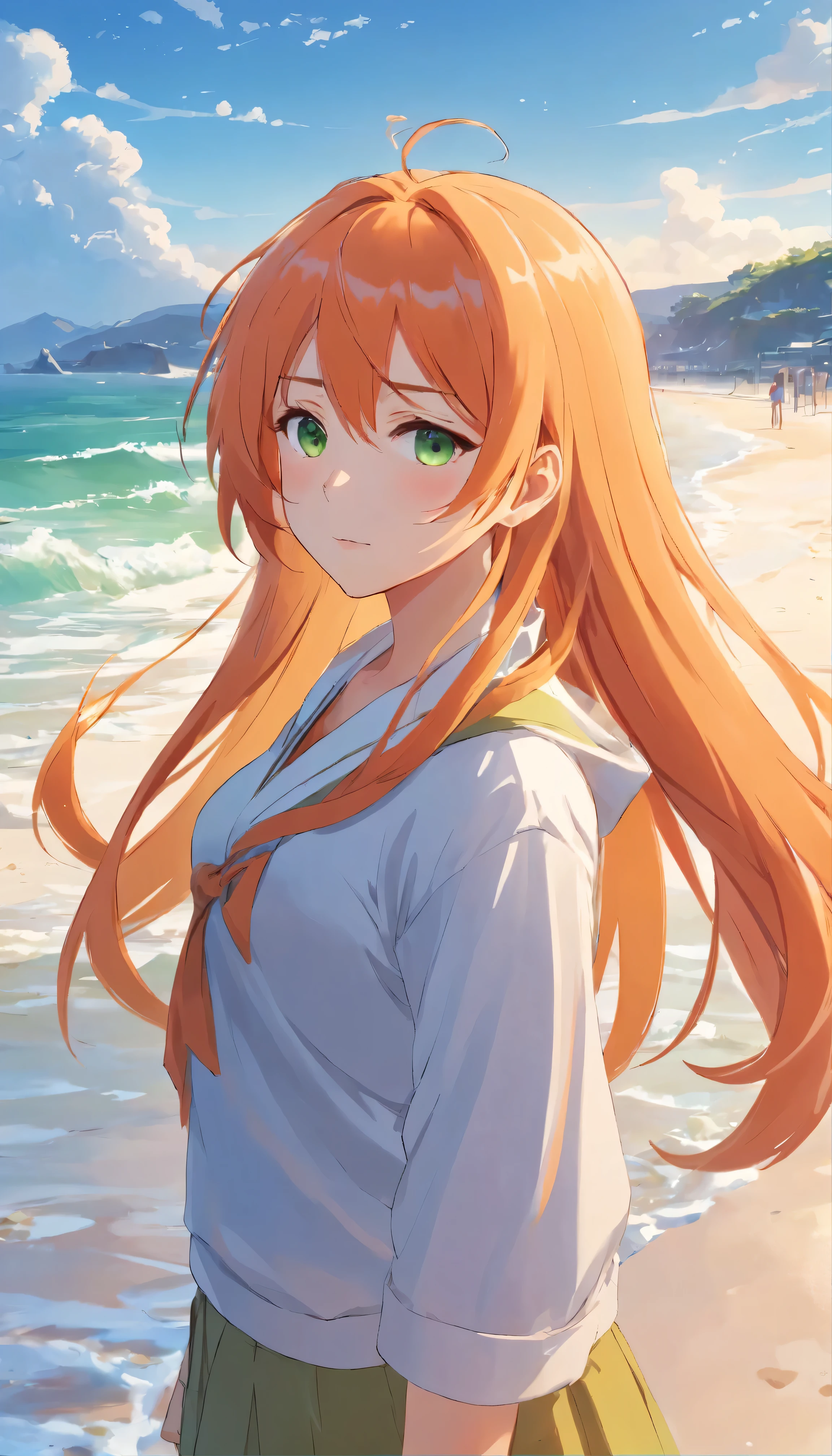 Anime girl with long orange hair, standing on the beach near the ocean, green eyes detailed digital anime art, anime girl with long hair, гладкое аниме cg art, anime girl with long hair, digital anime art, work in Guweiz style, Beautiful anime portrait, Photorealistic render of an anime girl, Beautiful anime girl, advanced digital anime art, guweiz на artstation pixiv HD UHD HQ