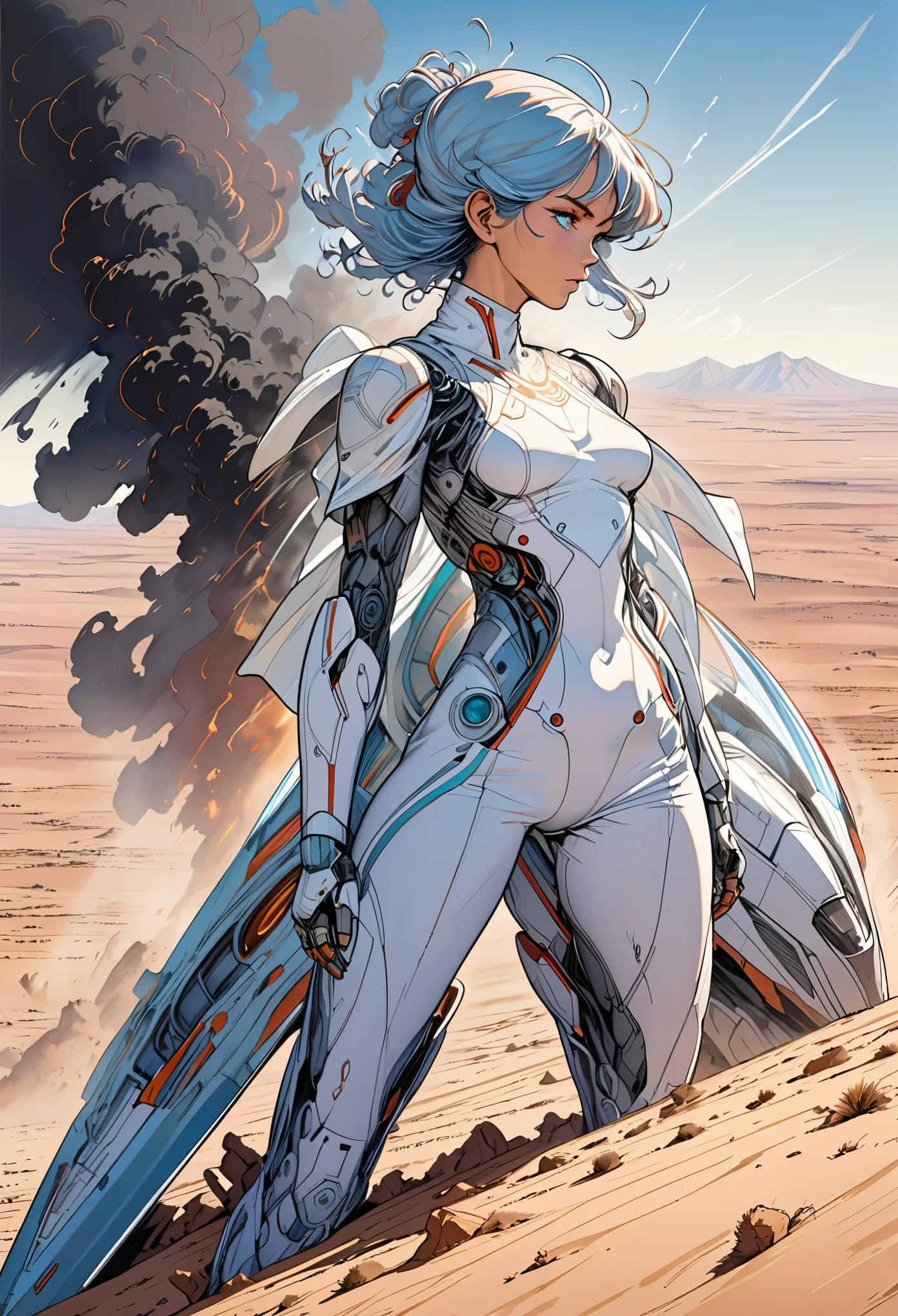  Jean Giraud ((Moebius style)), full body Portrait of a female cyborg in a dramatic pose, background Desert with a ((crashed spaceship)) emitting smoke, perfect detailed eyes, athletic body, intricate facial details, highly detailed, line ink illustration,highly detailed, ink sketch,ink Draw,Comic Book-Style 2d,2d, pastel colors