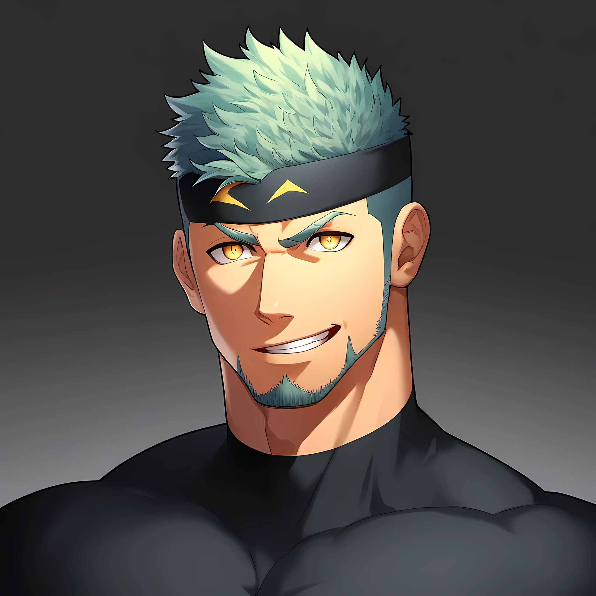 anime characters：Guy, Priapus, 1个年轻的muscular man, male focus, Sporty black headband, Black Turtleneck Superman Tight T-Shirt, superman logo, muscular man, extra large breasts, only, Upper body, alone, white short hair, stubble, yellow eyes, blink, black background, simple background, amazing quality, best aesthetics, Ridiculous, bright pupils, short hair, naughty face, torogao, open lips, best quality