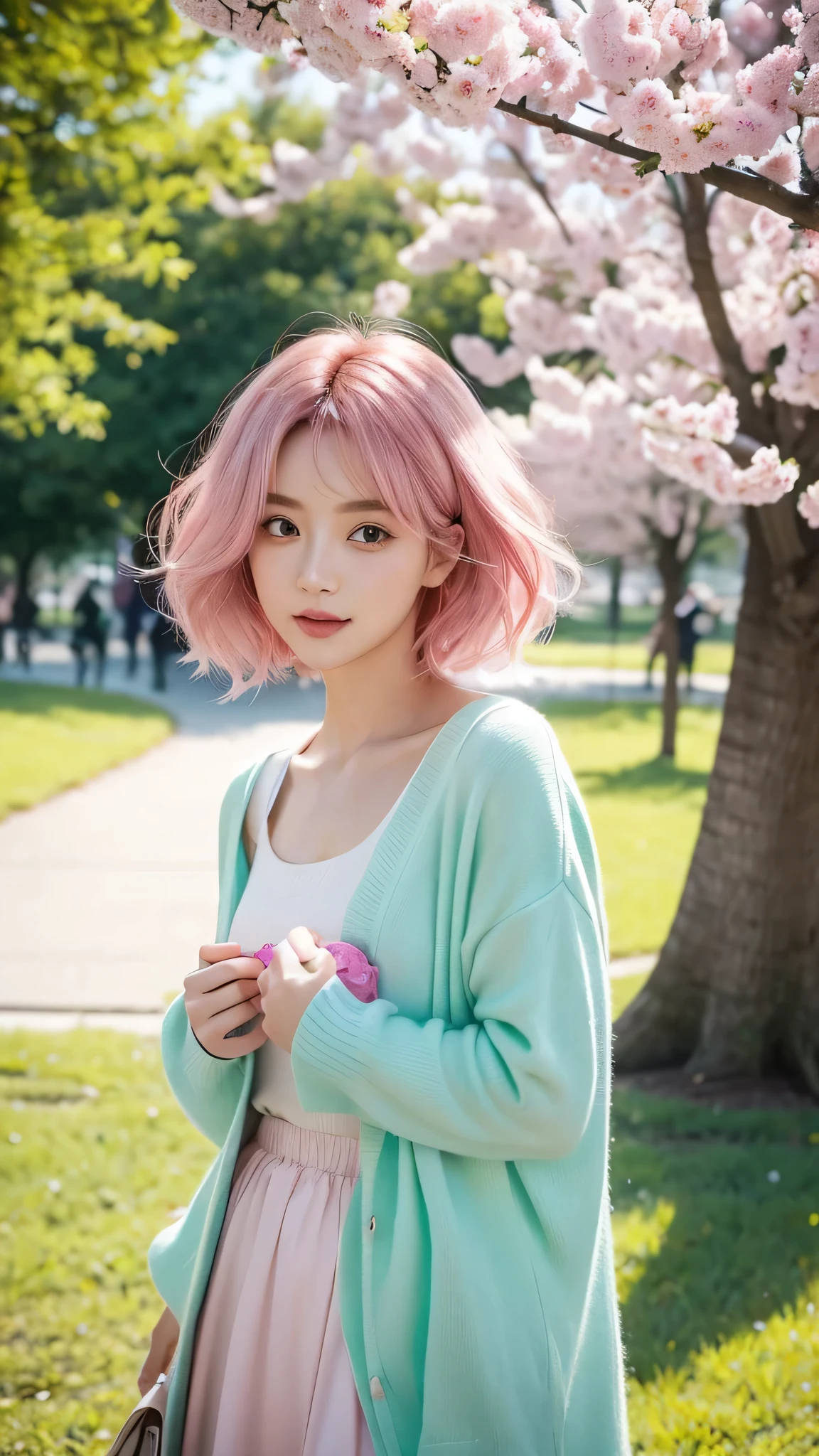 In the midst of a vibrant spring park, Great for a day of camping, A woman's hair is a striking feature. Her short hair is dyed a playful pink, Exuding the freshness and vitality of the season. The ends of her hair are delicately curled, Add a touch of elegance and softness to her look. these curls, and a subtle fade at the tips., Create beautiful contrast, Highlight the dynamic and modern style of her hairstyle. Goes well with her unique hairstyle, She is wearing mint colored clothes, Perfectly blends into spring surroundings. Eye-catching pink hair combined with mint-colored clothing,Create a picturesque scenery, As she enjoys the peace and beauty of spring in the park. her hair, Lively colors and playful curls, Become a symbol of the joy and rebirth that spring brings.