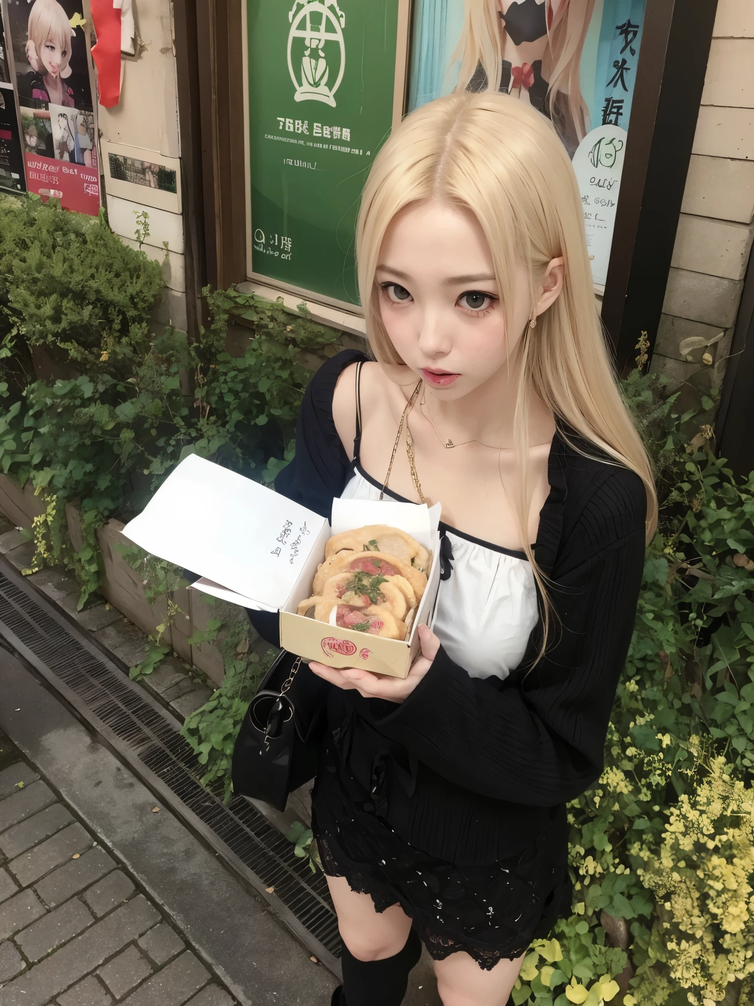 chica rubia con pelo largo sosteniendo una caja de comida en una acera, chica anime en la vida real, shikami, bella delfina, ulzzang, yami kawaii, japanese gyaru portrait, sakimichan, guweiz, mukbang, frente a la tienda de ramen, with kitsune mask, junko enoshima, misa amane *
