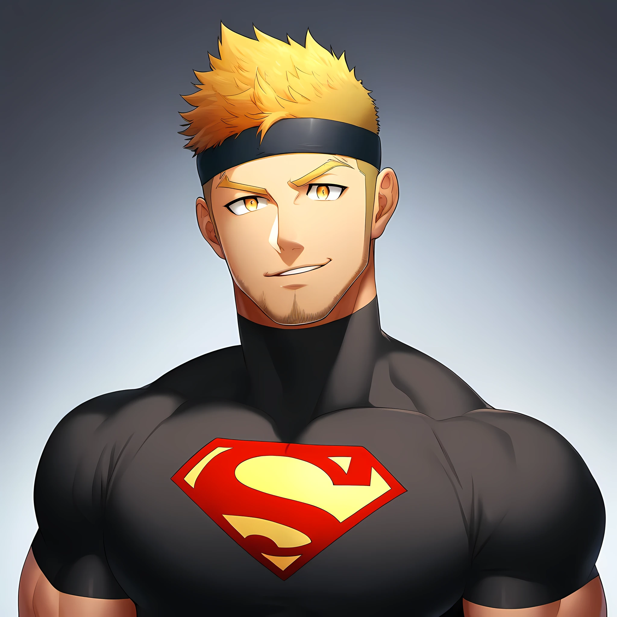 anime characters：Guy, Priapus, 1个年轻的muscular man, male focus, Sporty black headband, Black Turtleneck Superman Tight T-Shirt, superman logo, muscular man, extra large breasts, only, Upper body, alone, short yellow hair, stubble, yellow eyes, blink, White background, simple background, amazing quality, best aesthetics, Ridiculous, bright pupils, short hair, naughty face, torogao, open lips, best quality