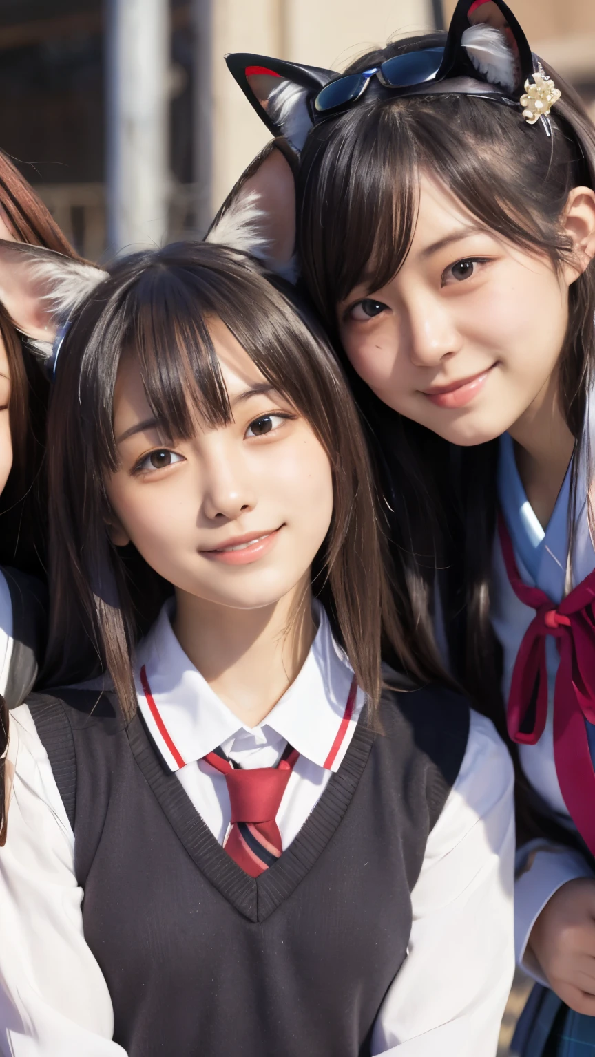 multiple girls, Beautiful face, light smile, harem, group picture, cat ears, school uniform, close up,(Japanese idle:1.6), apartment,