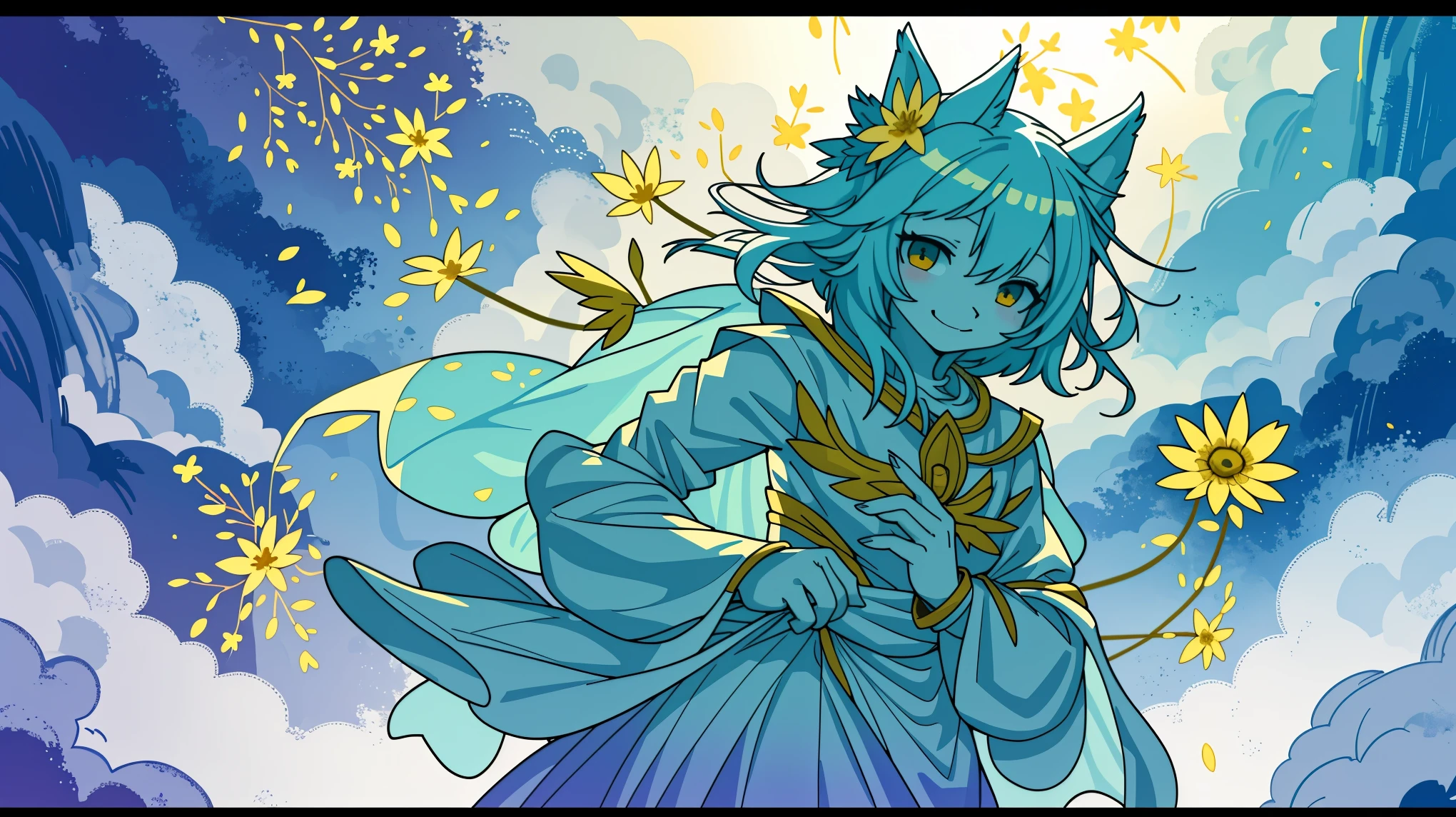 monochrome, watercolor, highres, top quality, best quality, paid reward available, High-quality illustrations, unparalleled masterpiece, perfect artwork, absurdres, 1girl, kemono, furry, detailed body fur, animal face, animal hand, Archaic Smile, holding a cluster of gold flower in both hands, which are positioned at chest level, She is wearing a simple ring on the ring finger of her left hand, unfocused spread of gold flower, fan-created work shared on platforms Pixiv or Twitter, Watercolor elements that seem to shift through time,