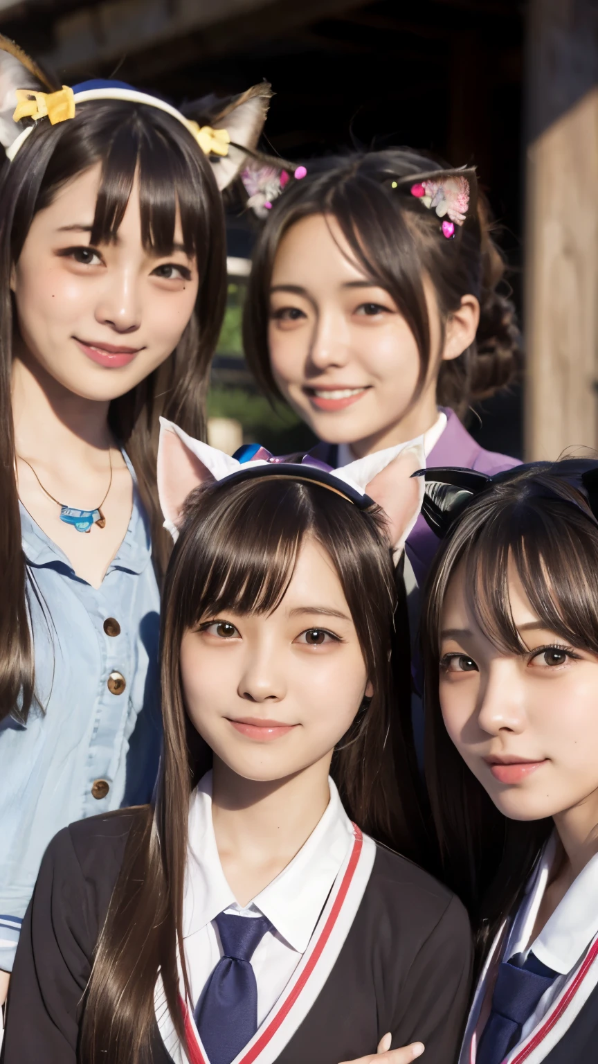 multiple girls, Beautiful face, light smile, harem, group picture, cat ears, school uniform, close up，(Japanese idle:1.6), apartment,