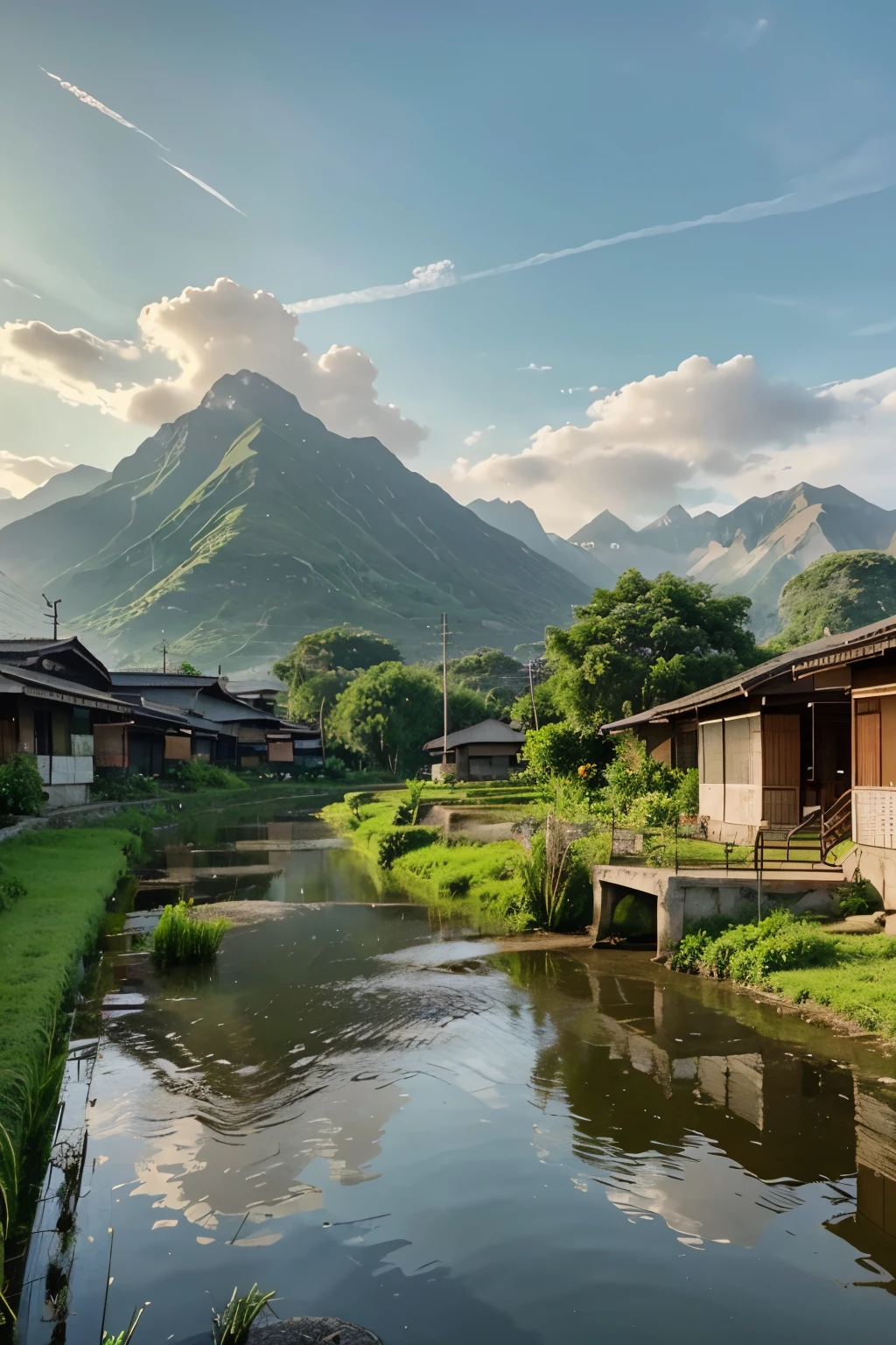 icture of a real view of the rice fields, next to river side and there are several residents' houses arranged beautifully, in the distance you can see the beautiful towering mountains