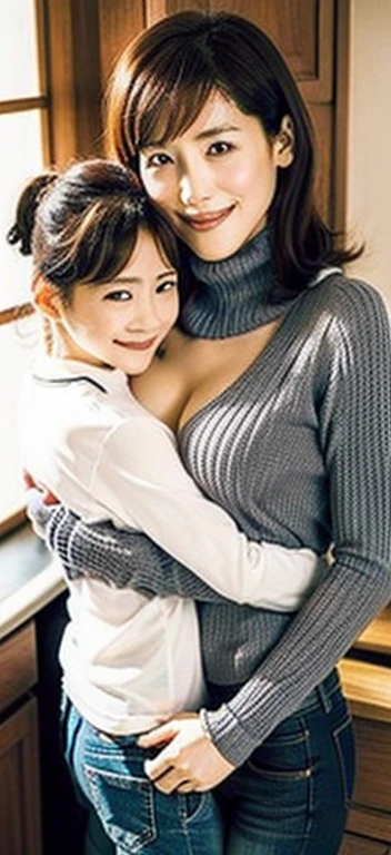 Japan'the most beautiful mother、大きなchest、Too erotic mom、Shota son sandwiched between his mother'chest、A body that accepts all sexual desires、standing in the kitchen、Gray long sleeve tight knit、put on pants、highest quality、say good morning with a smile