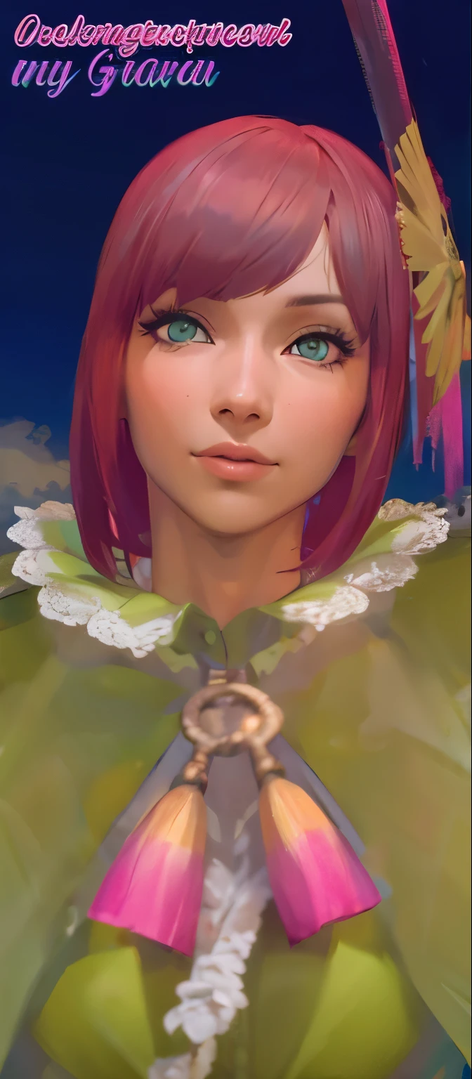 A red-haired girl with short hair and green eyes  big breast 