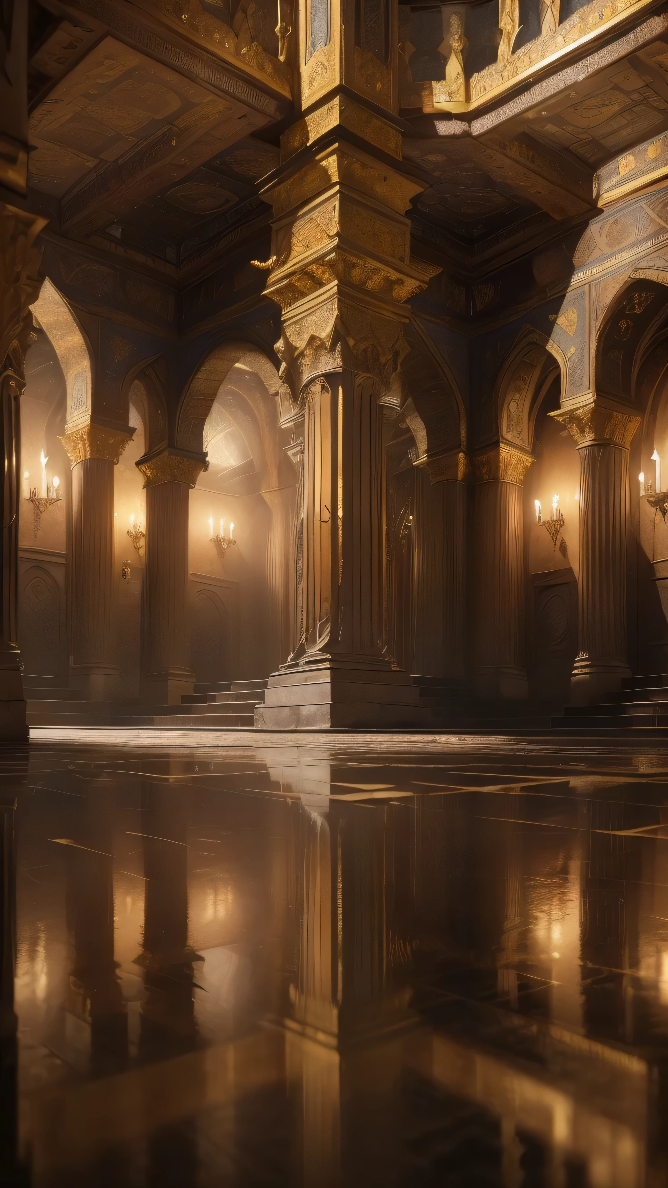 (best quality, 16k, chef-d&#39;artwork: 1.2, ultra-detailed, realistic, photographie hdr, photo-realistic: 1.37) , salle moria (Khazad-dûm) l&#39;immense hall of Khazad-dûm, with its gigantic and Symmetrical pillars, Symmetrical composition, Symmetrical.