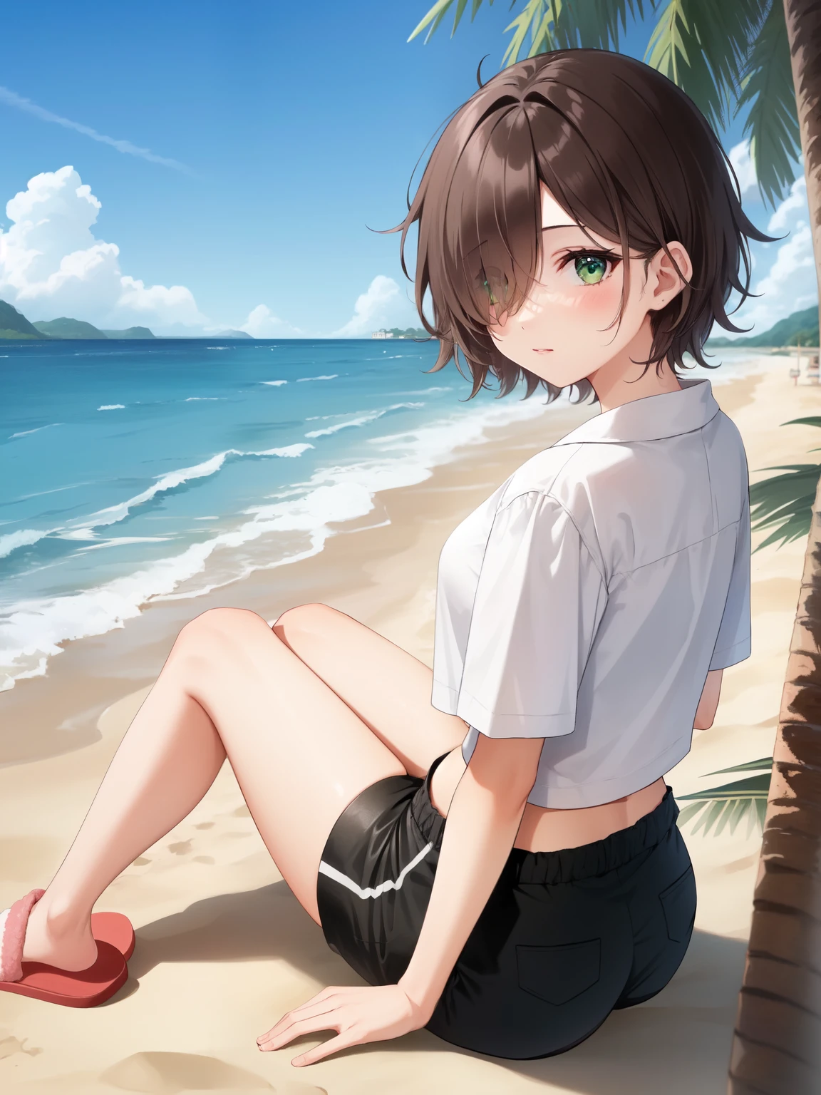 1girl, solo, brown hair, (hair over one eye:1.2), short hair, messy hair, pixie cut, asymmetrical bangs, hair between eyes, green eyes, white shirt, black shorts, beach, shoreline, town, sea, ocean, slippers