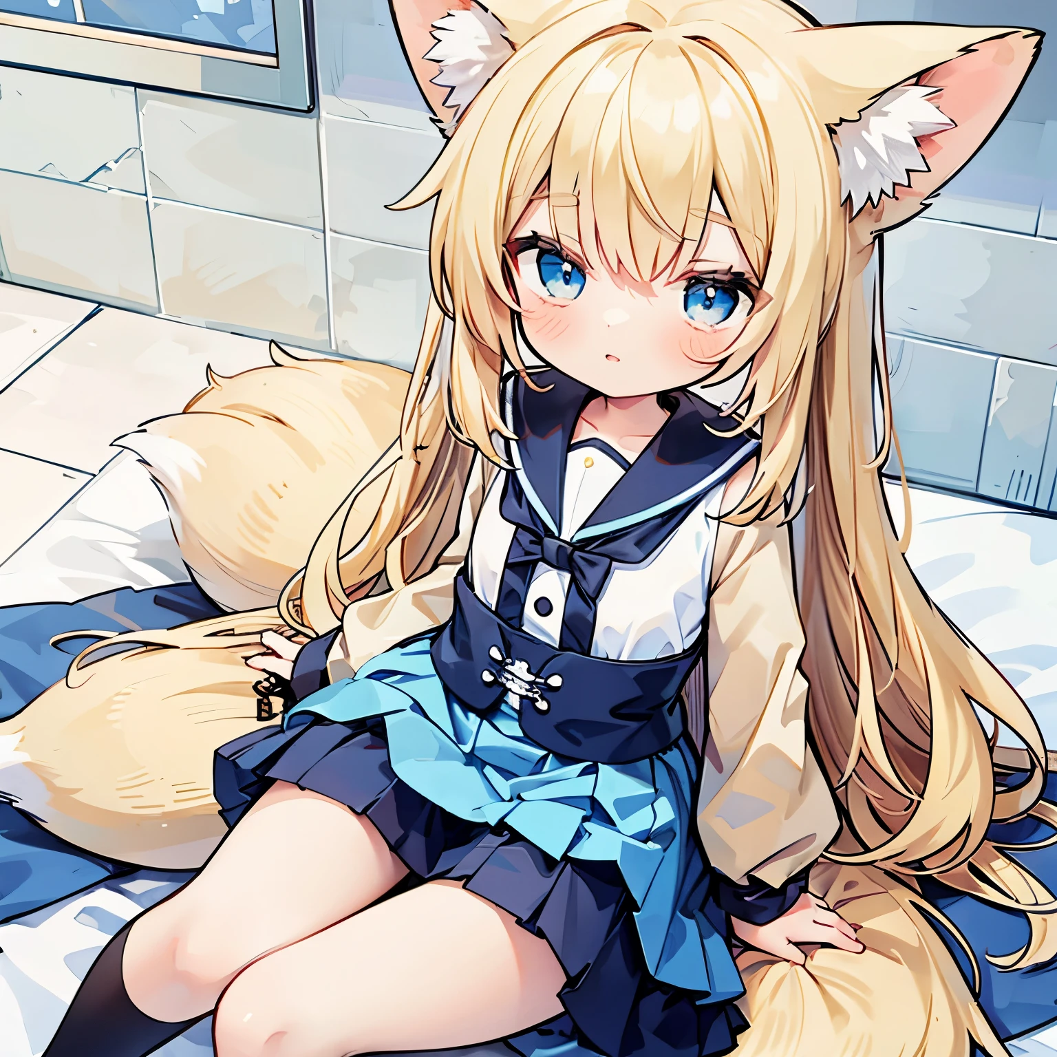 Fox girl looking up at the ceiling, skirt, 9 years old, orange and blonde hair, blue eyes, anime, superflat, clear outline, clear outline, handwritten style