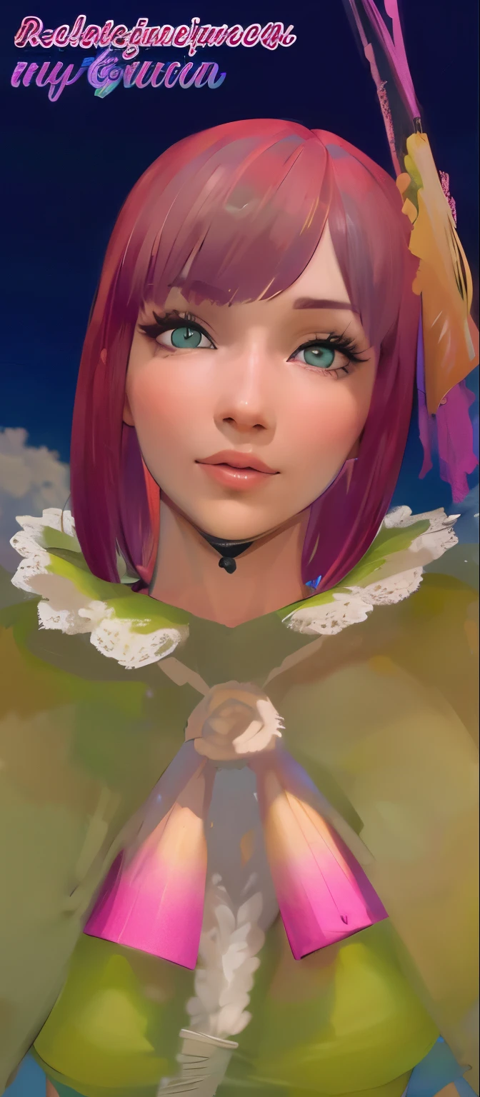 A red-haired girl with short hair and green eyes  big breast 