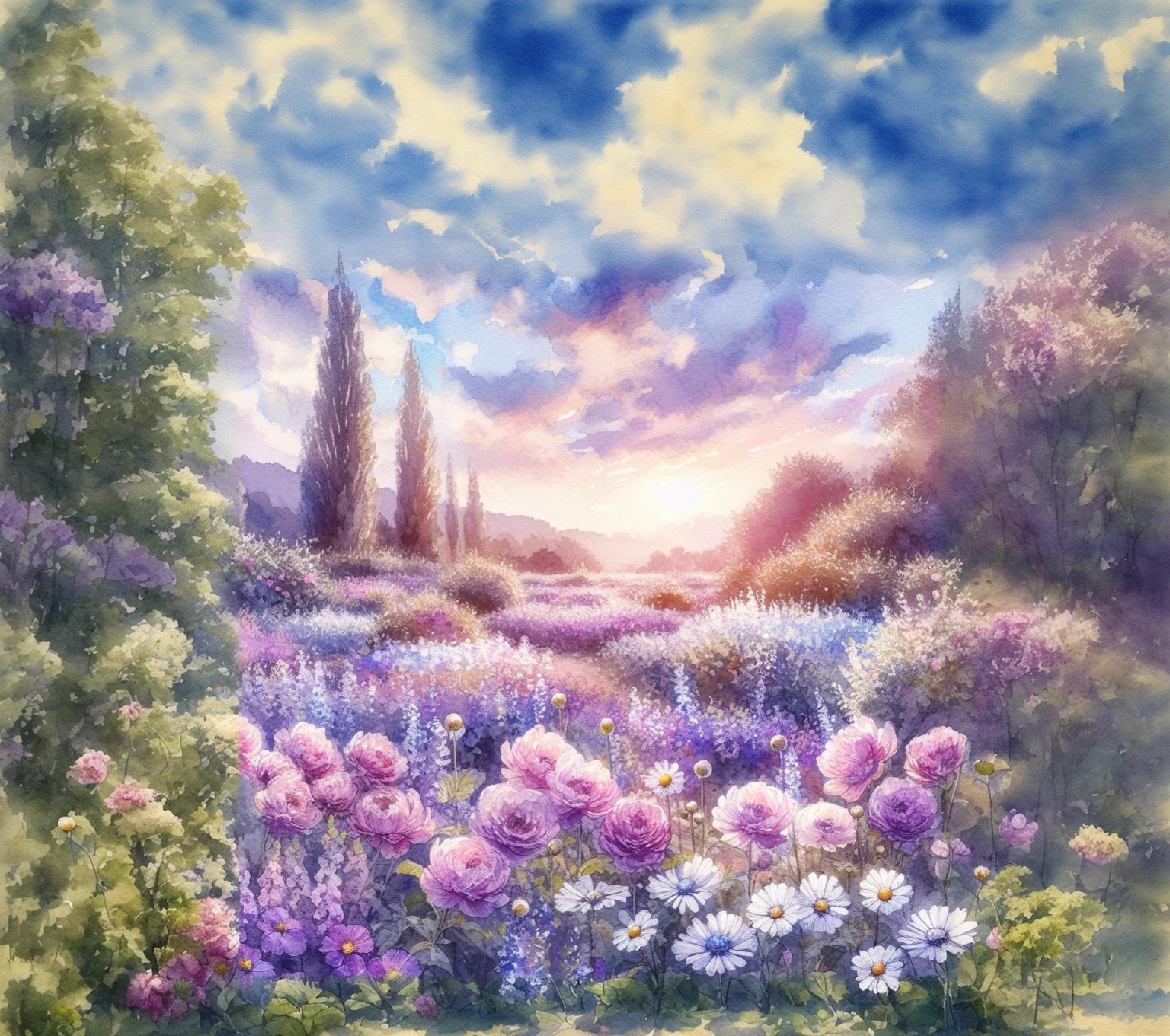 Watercolor. Beautiful sky over the flower garden. Monet Painting sky.
