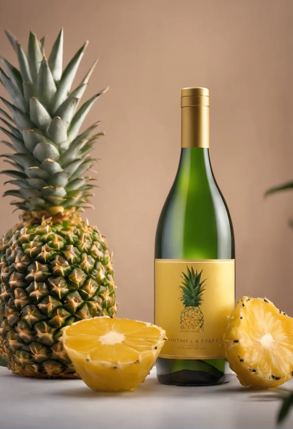 Pineapple flavor wine bottle, bottle design suitable for handling by a woman, etiqueta con estilo elegante, sutil y femineidad con la marca MISTIK