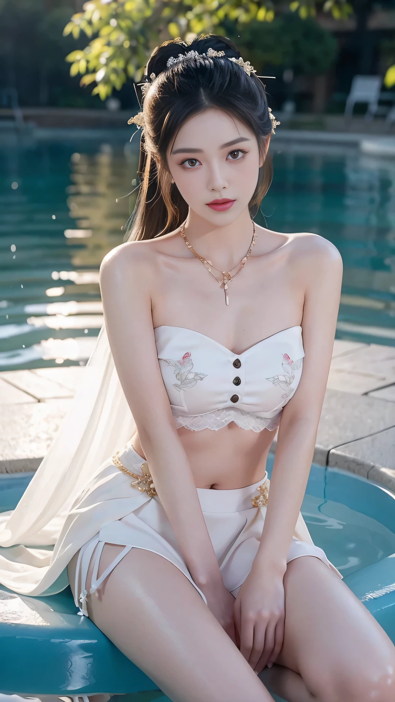 best picture quality，extremely high resolution，Very detailed，stunning girl，sitting in the pool，long eyelashes，big eyes，shining eyes，lying silkworm，plump lips，small nose，a happy expression，Sweet，Exquisite makeup，full-body shot，snow white skin，slim figure，take off shoulders，clavicle，abdomenband，abdomen，abdomen button，Slender white legs，White and tender skin，White embroidered mini skirt，necklace，Showing thighs，lace，Sweet，long hair flying，best quality，masterpiece，full-body shot，facial focus，slim figure，细腰白色abdomenband，imagine，full-body shot
Model: Hanfu, CFG scale: 7, Hire high-end talents: 1.5, Laura: future fashion(0.4)、neon(0.4)、martial arts(0.8)、Asian Face Girls-2(0.4)、poetic fairy tale(0.01)