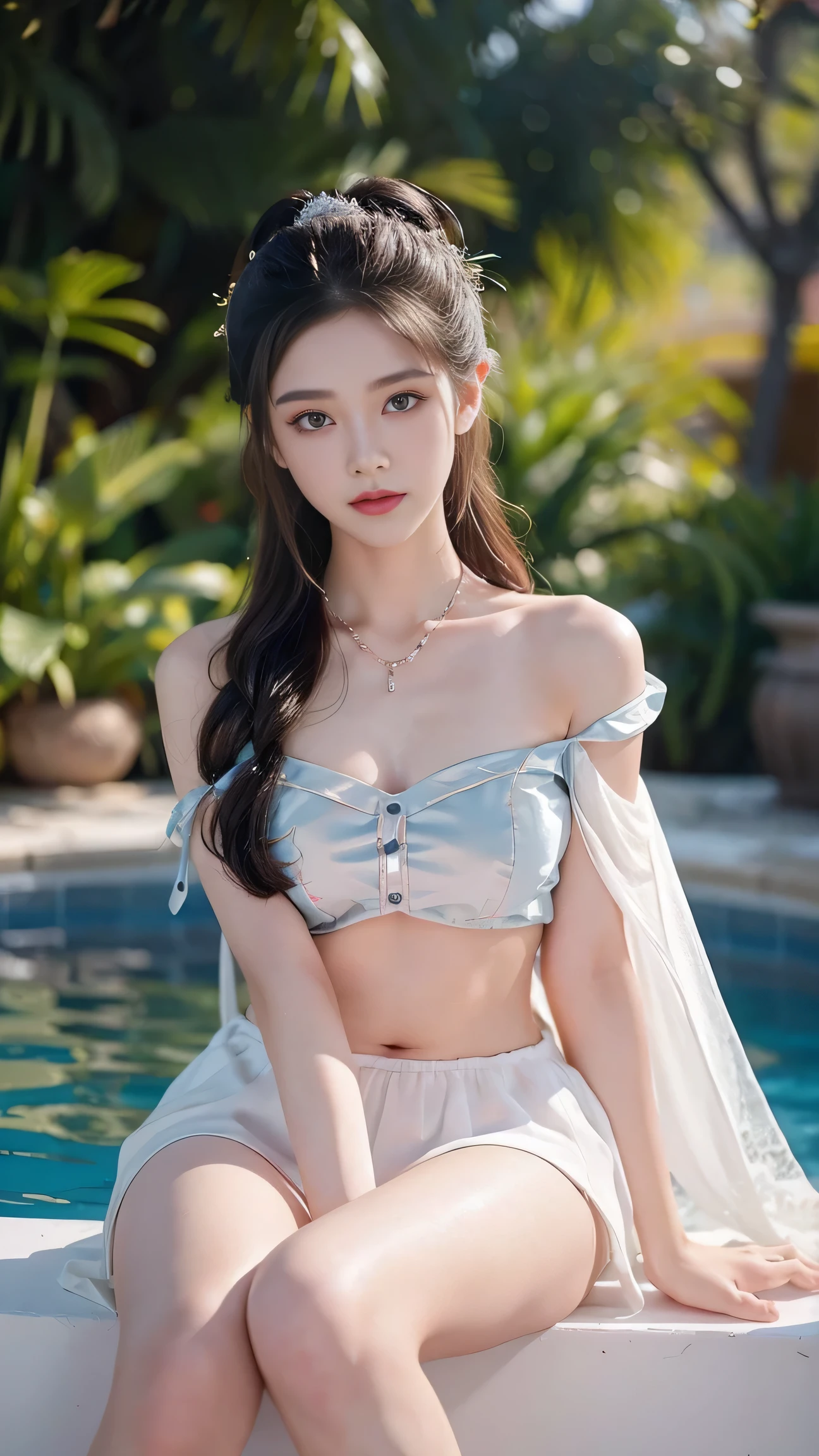 best picture quality，extremely high resolution，Very detailed，stunning girl，sitting in the pool，long eyelashes，big eyes，shining eyes，lying silkworm，plump lips，small nose，a happy expression，Sweet，Exquisite makeup，full-body shot，snow white skin，slim figure，take off shoulders，clavicle，abdomenband，abdomen，abdomen button，Slender white legs，White and tender skin，White embroidered mini skirt，necklace，Showing thighs，lace，Sweet，long hair flying，best quality，masterpiece，full-body shot，facial focus，slim figure，细腰白色abdomenband，imagine，full-body shot
Model: Hanfu, CFG scale: 7, Hire high-end talents: 1.5, Laura: future fashion(0.4)、neon(0.4)、martial arts(0.8)、Asian Face Girls-2(0.4)、poetic fairy tale(0.01)